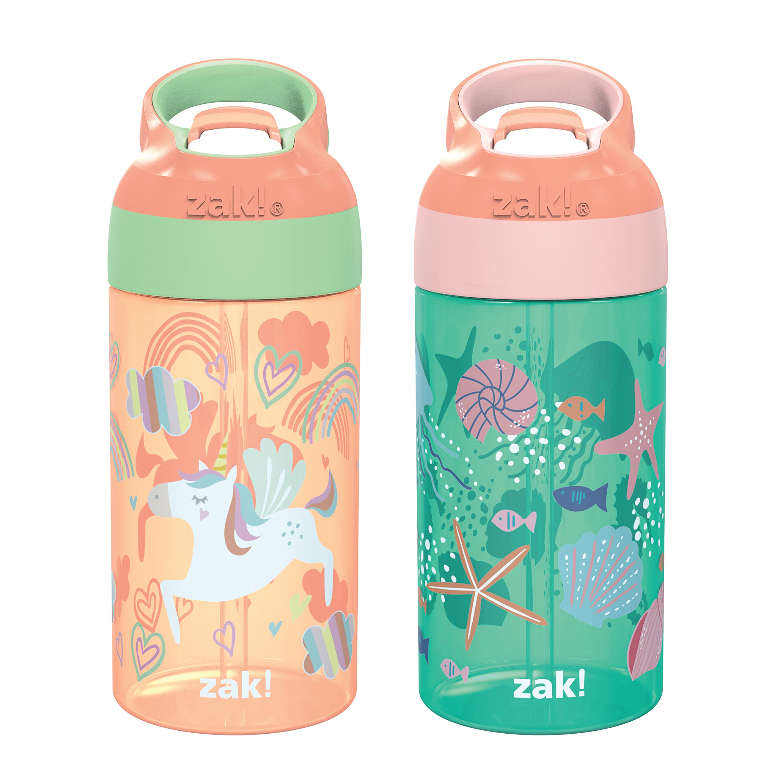 Zak Designs 16oz Riverside Kids Water Bottle with Spout Cover and Built-in Carrying Loop, Made of Durable Plastic, Leak-Proof Design for Travel (Unicorn & Shells, Pack of 2)