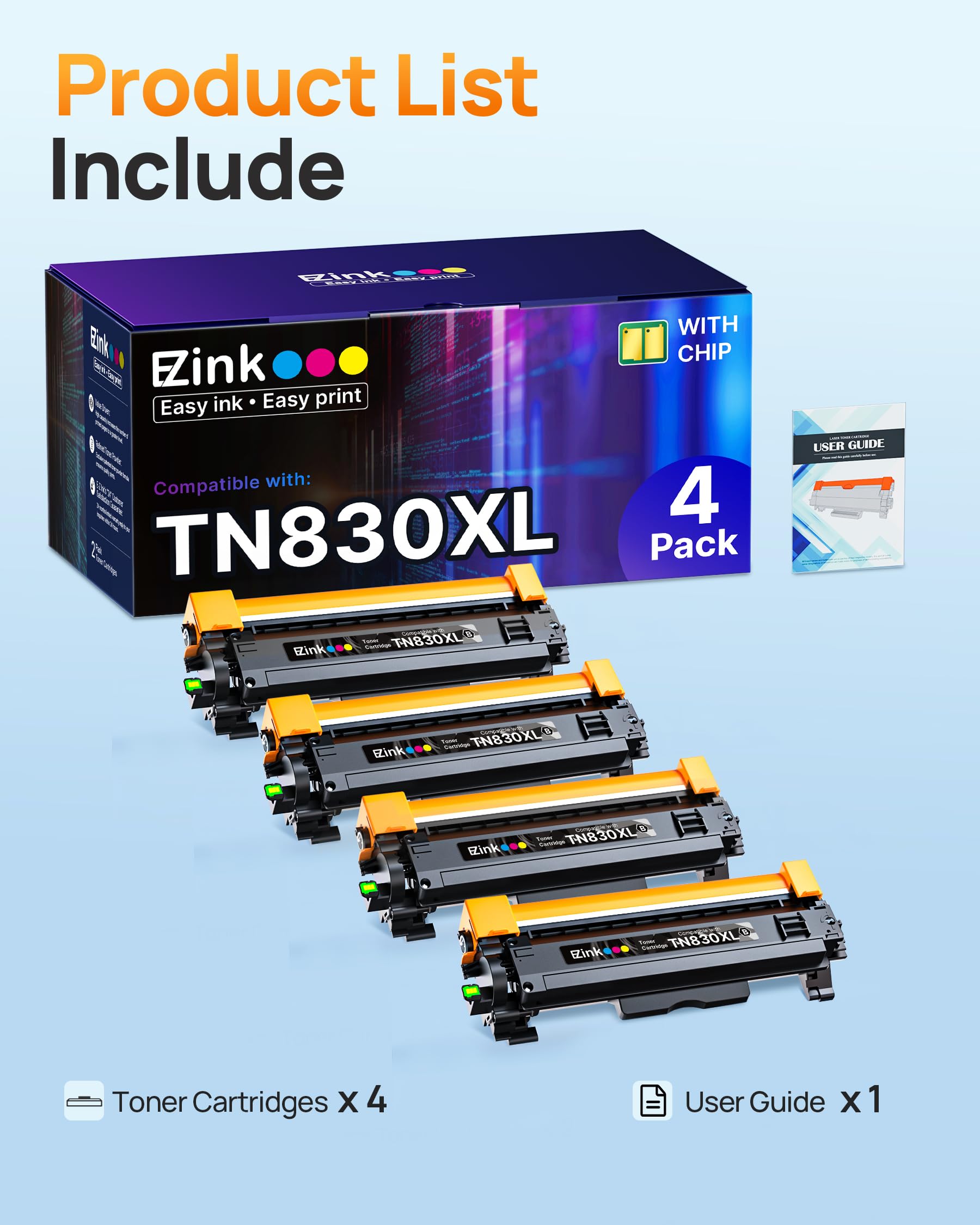 E-Z Ink Compatible Toner Cartridge Replacement for Brother TN830XL TN 830 TN830 Toner Cartridges for HL-L2460DW DCP-L2640DW HL-L2480DW HL-L2400D HL-L2405W MFC-L2820DW Printer (4 Black)