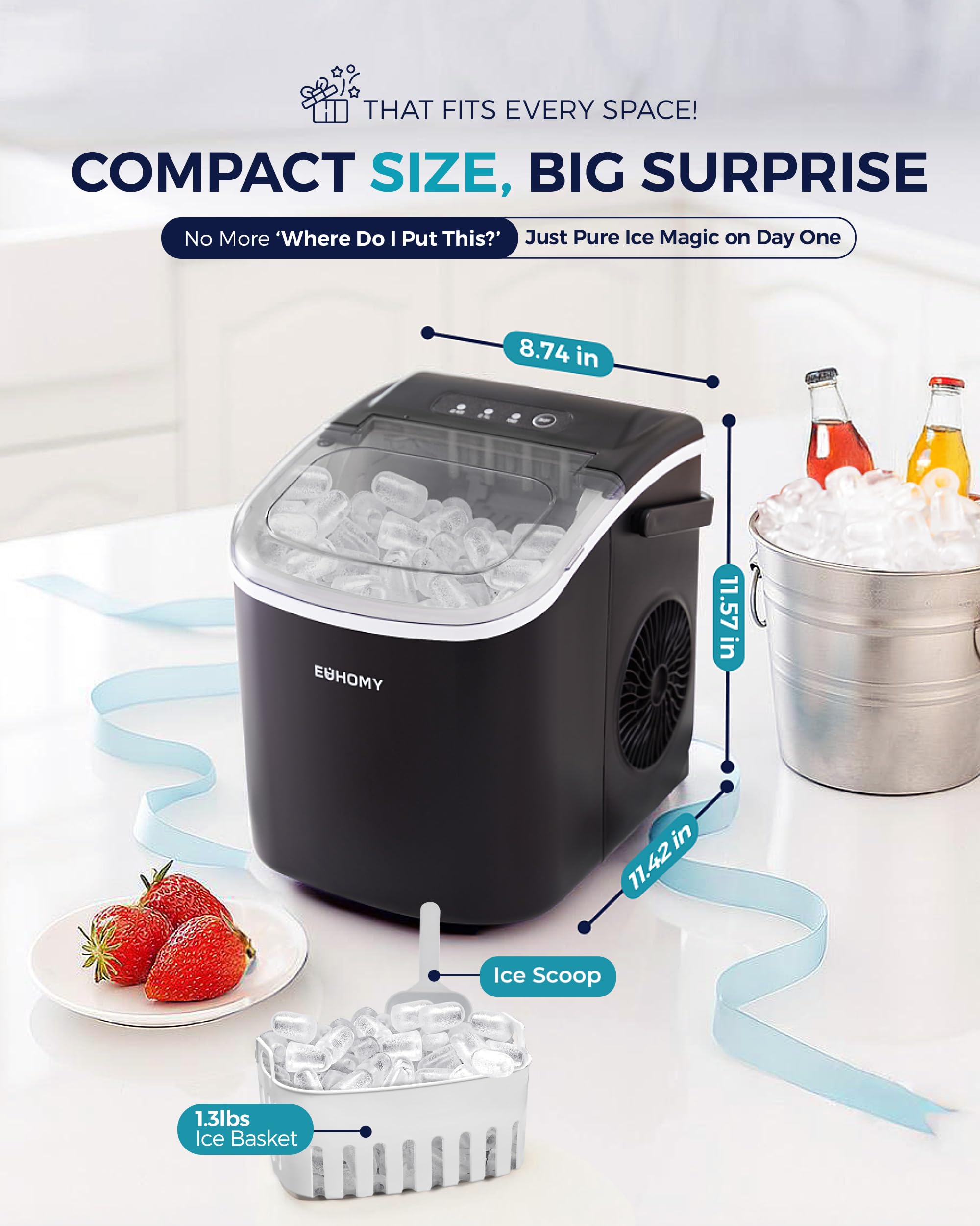 EUHOMY Countertop Ice Maker Machine with Handle, 26lbs in 24Hrs, 9 Ice Cubes Ready in 6 Mins, Auto-Cleaning Portable Ice Maker with Basket and Scoop, for Home/Kitchen/Camping/RV. (Black)