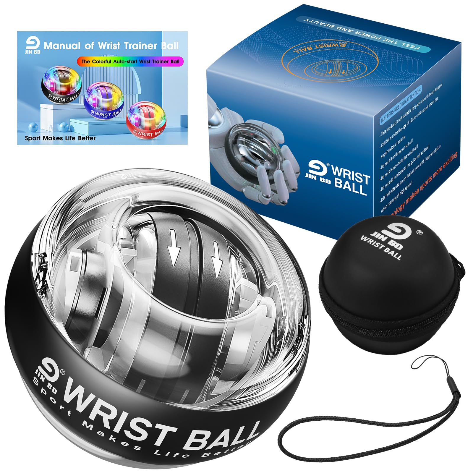 JIN BD Wrist Trainer/Strengthener Gyro Ball Auto-Start Gyroscopic Forearm Exerciser for Strengthen Arms, Fingers, Wrist Bones and Muscles （Black Without Light）