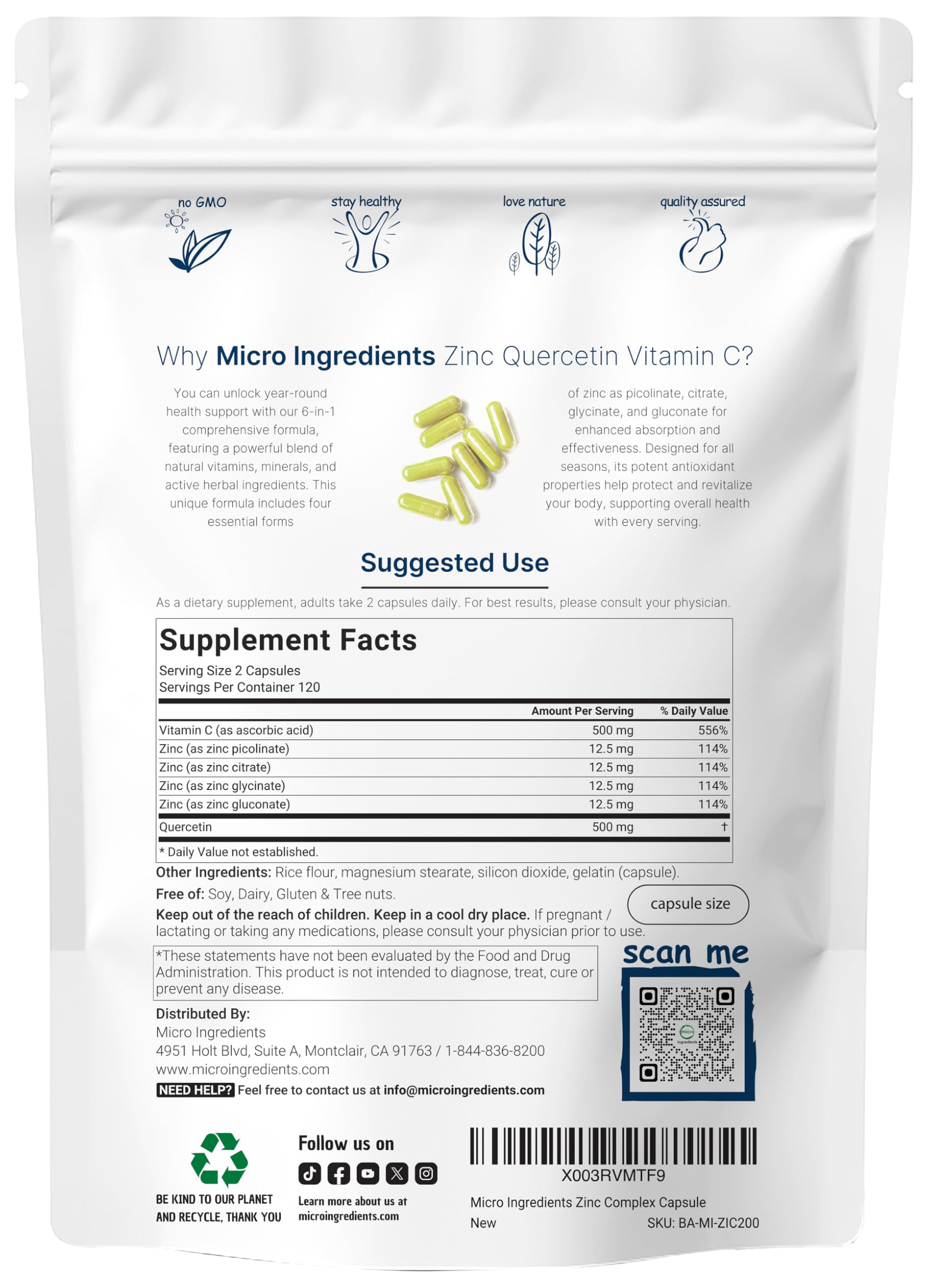 Micro Ingredients Quercetin with Vitamin C and Zinc, 240 Capsules | Quercetin 500mg, Vitamin C 500mg, Zinc 50mg (Picolinate, Citrate, Glycinate, Gluconate) | Complete Immune Support Supplements
