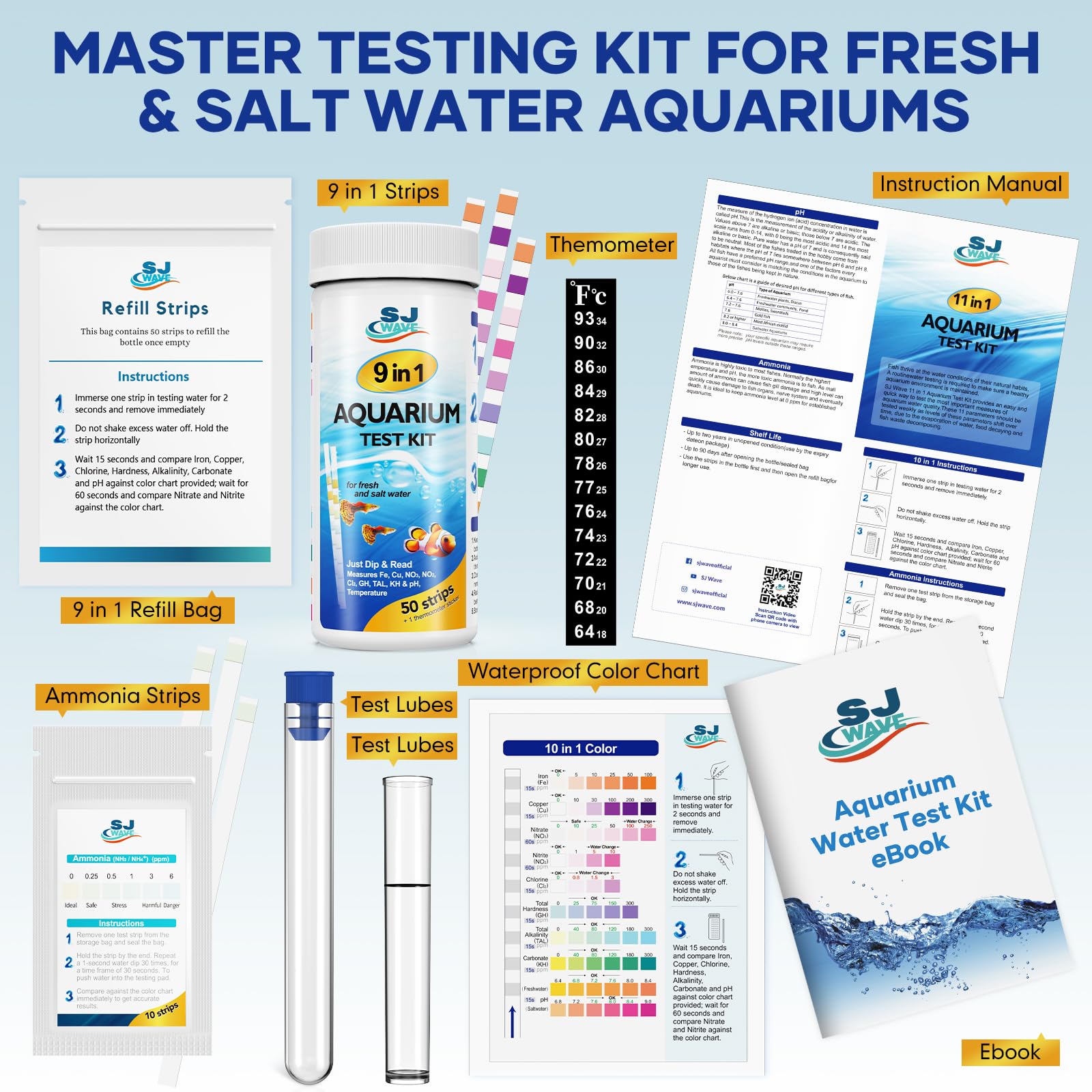 11 in 1 - Aquarium Test Strips | 950 Tests - 150 Strips | Fish Tank Aquariums Water Test Kit & ebook | Aquarium Thermometer | Fish Tank Water Testing Kit Includes 50 Ammonia Strips | Versatile Usage