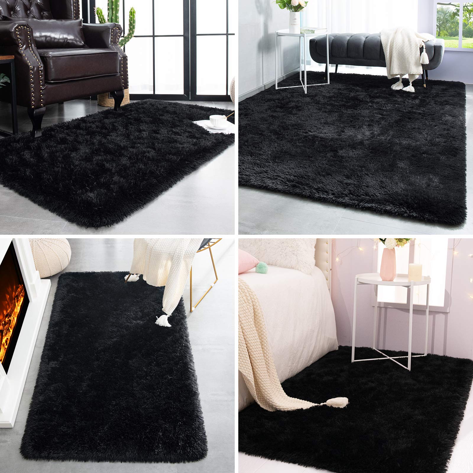 TWINNIS Super Soft Shaggy Rugs Fluffy Carpets, 4x5.9 Feet, Indoor Modern Plush Area Rugs for Living Room Bedroom Kids Room Nursery Home Decor, Upgrade Anti-Skid Rectangular Fuzzy Rug, Black