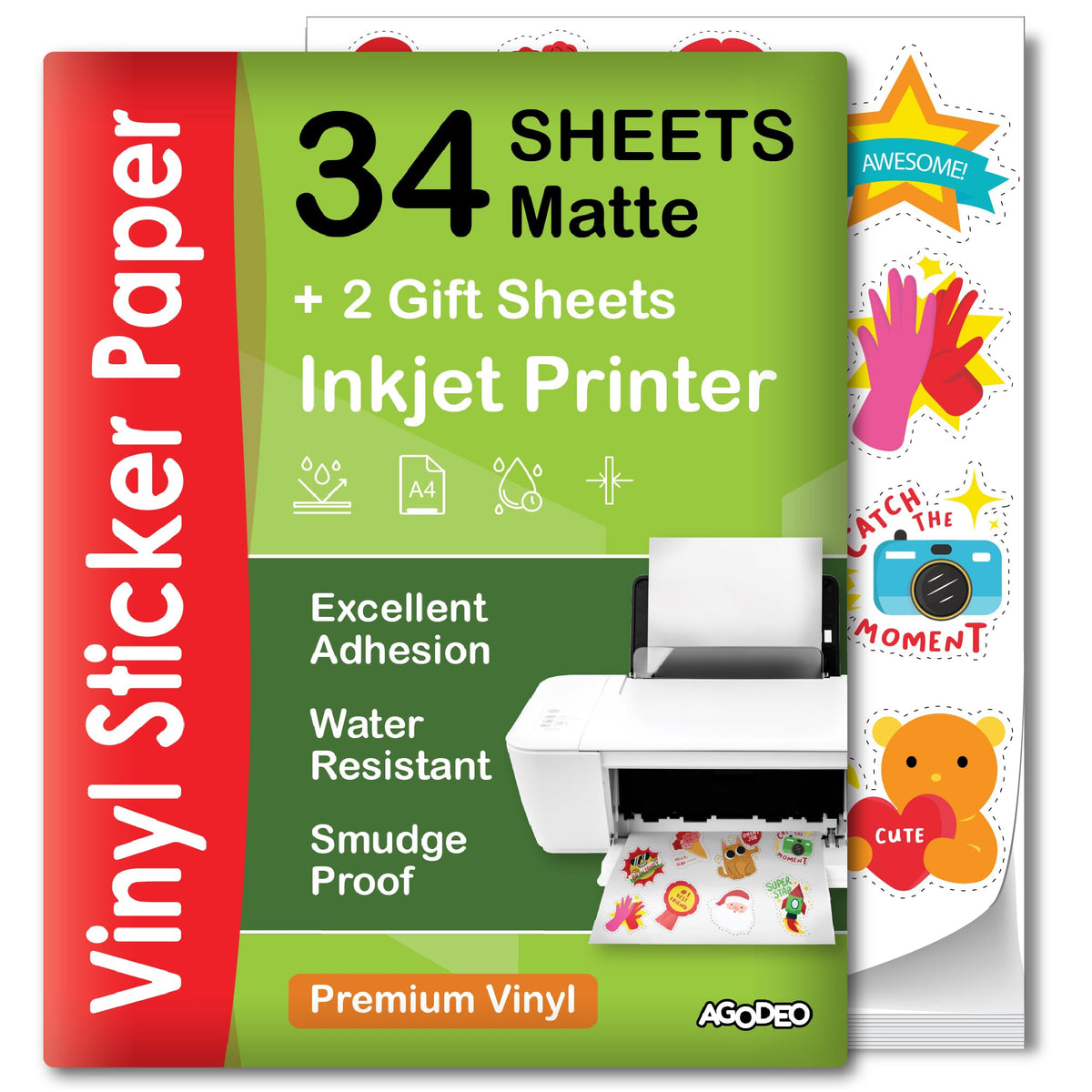 Hochwertiges bedruckbares Vinyl-Stickerpapier für Inkjet-Drucker - 34 selbstklebende Blätter, mattweiß, wasserbeständig, schnelltrocknend, lebendige Farben, gute Farbaufnahme - reißfest