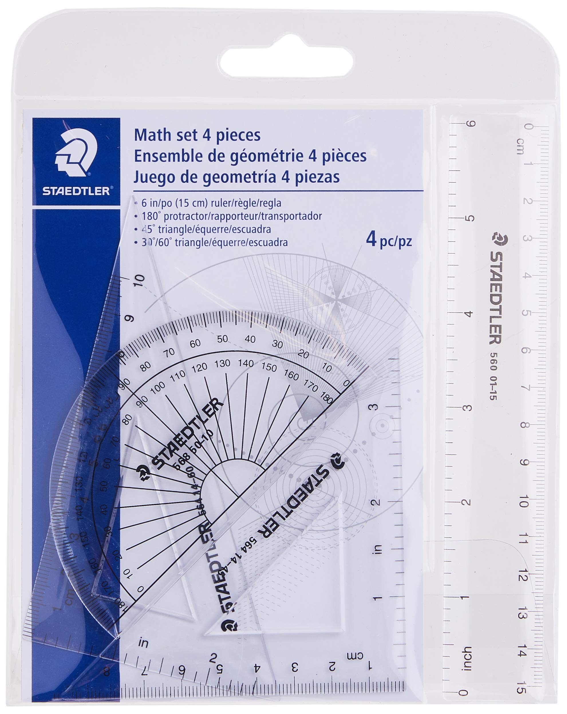 STAEDTLER Mathe-Set – 4-teiliges Geometrie-Set für Schüler – Schulbedarf mit transparentem Winkelmesser, 15-cm-Lineal und 2 Dreiecken – metrische und imperiale Skalen