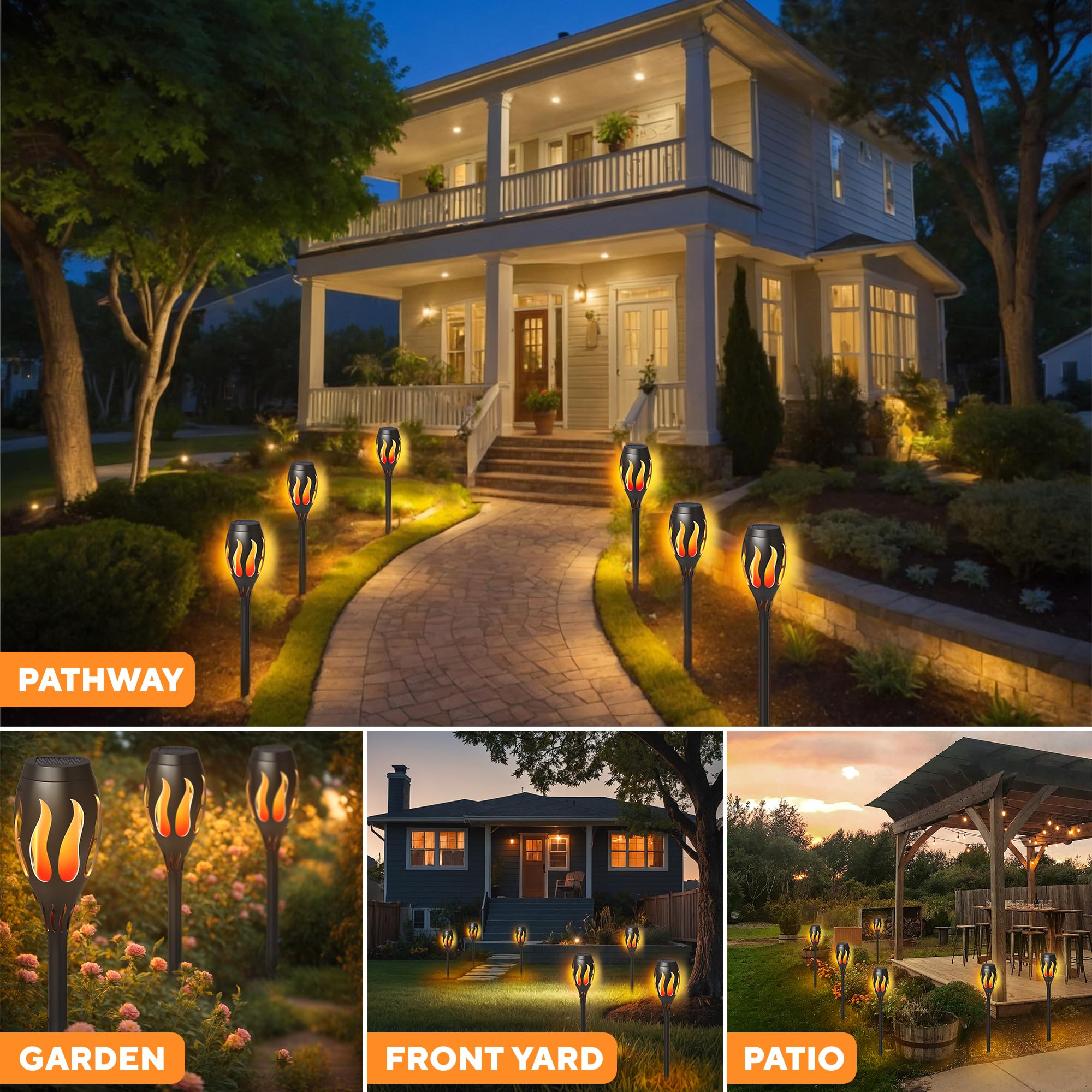 Beautiful Solar Lights for Outside 6-Pack - Premium Solar Tiki Torches with Flickering Flame - Waterproof, Auto On/Off - Perfect for Your Outdoor, Yard, Patio, Pathway & Garden