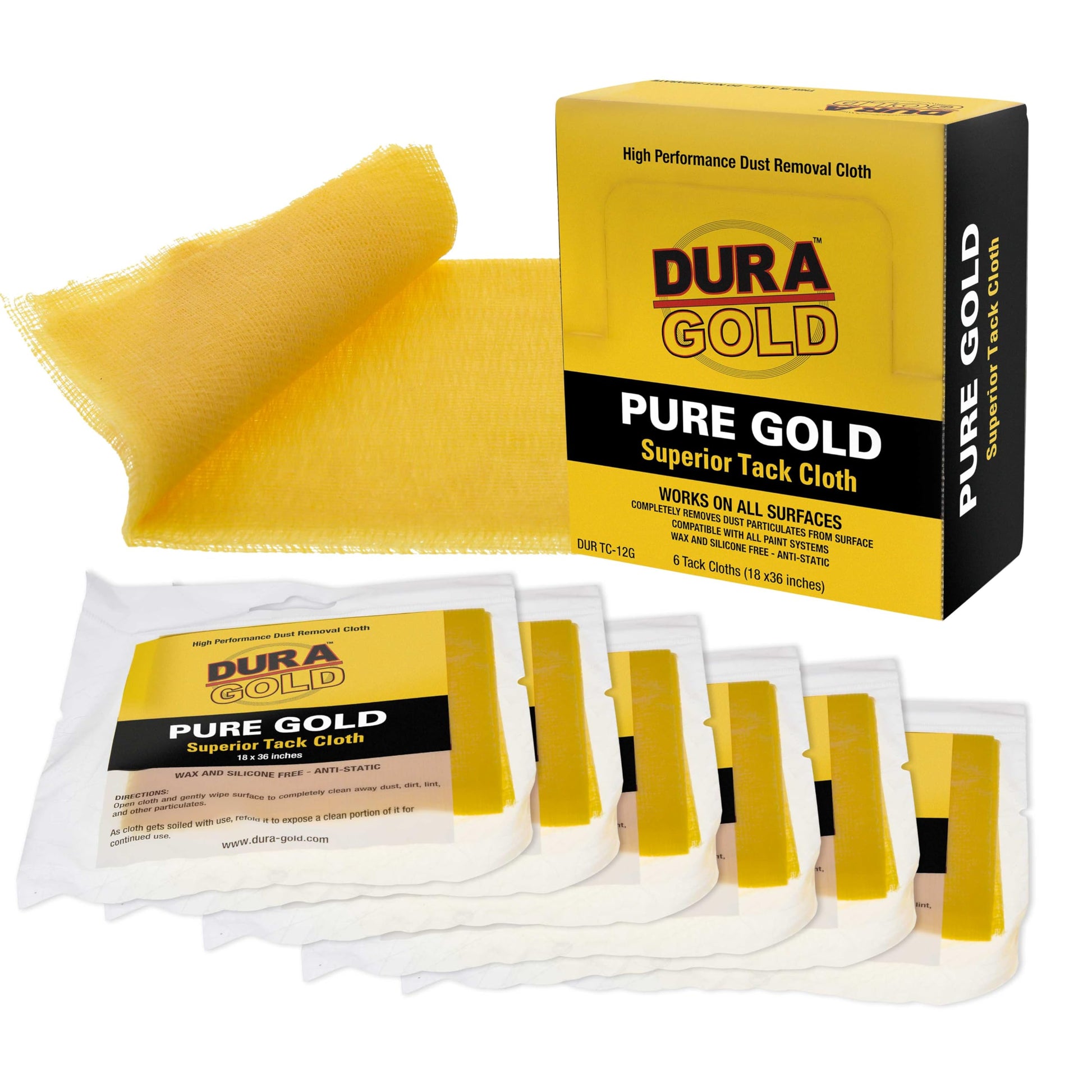 Dura-Gold - Pure Gold Superior Tack Cloths - Tack Rags (Box of 12) - Woodworking and Painters Professional Grade - Removes Dust, Sanding Particles, Cleans Surfaces - Wax and Silicone Free, Anti-Static
