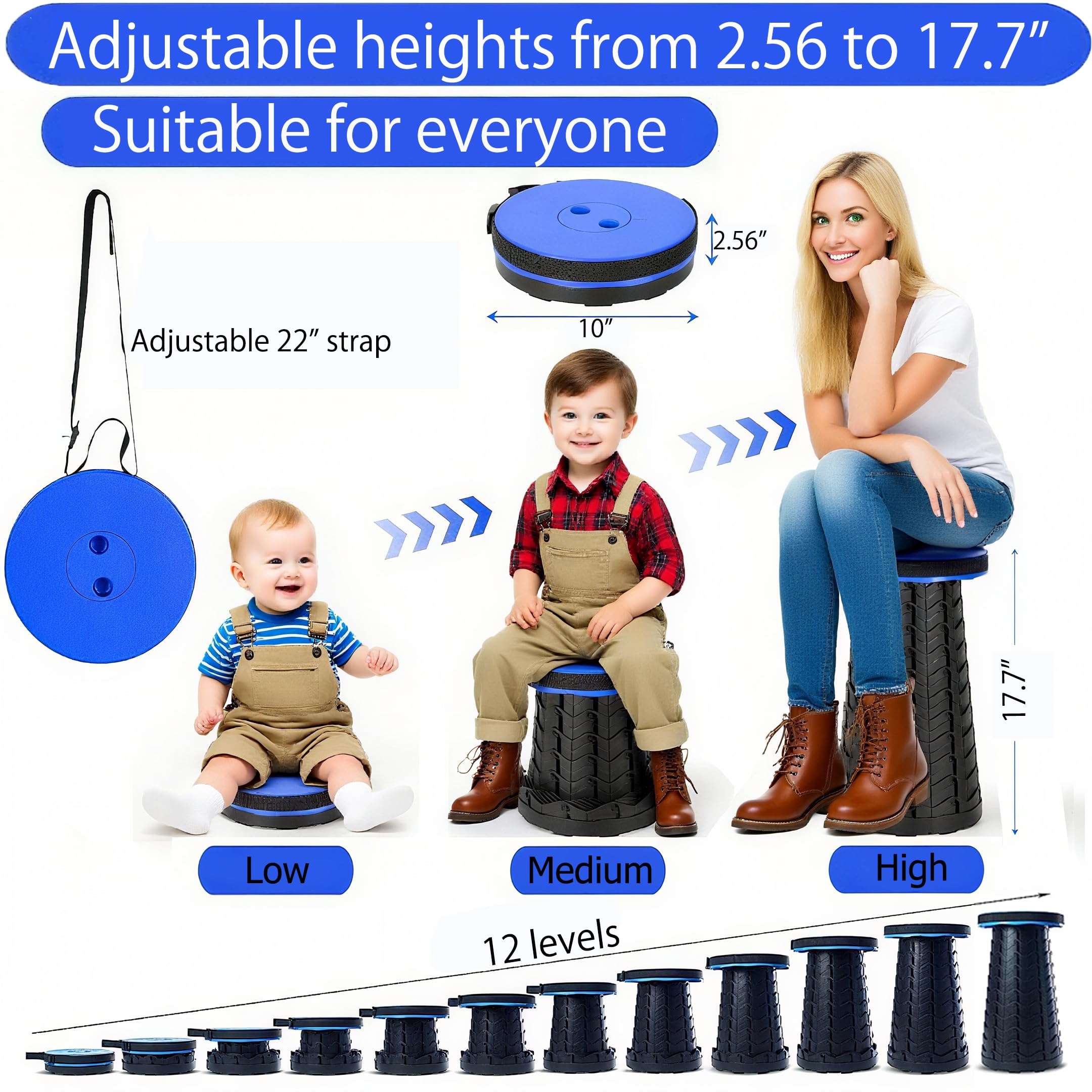 Fishboy Upgraded Collapsible Stool, 400lbs Max Weight, Lightweight But Sturdy, Portable Retractable Folding Telescoping Foldable Camping Stool for Adults Outdoor Fishing Hiking Travel BBQ