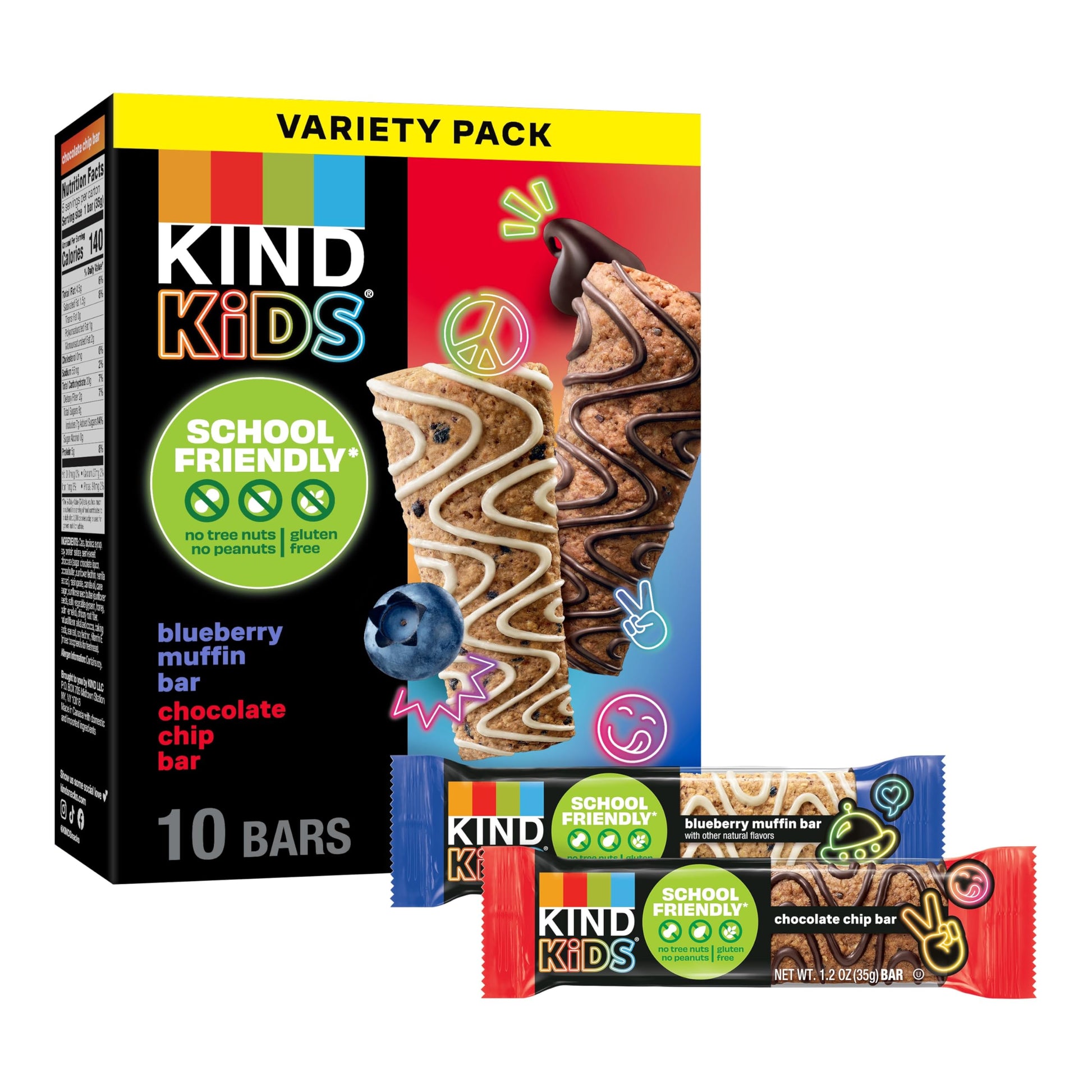 KIND Kids School Friendly Blueberry Muffin and Chocolate Chip Oat Bars Variety Pack, Tree Nut and Peanut Free, Gluten Free, Made With Whole Grain Oats, 5g Protein, 10 Count