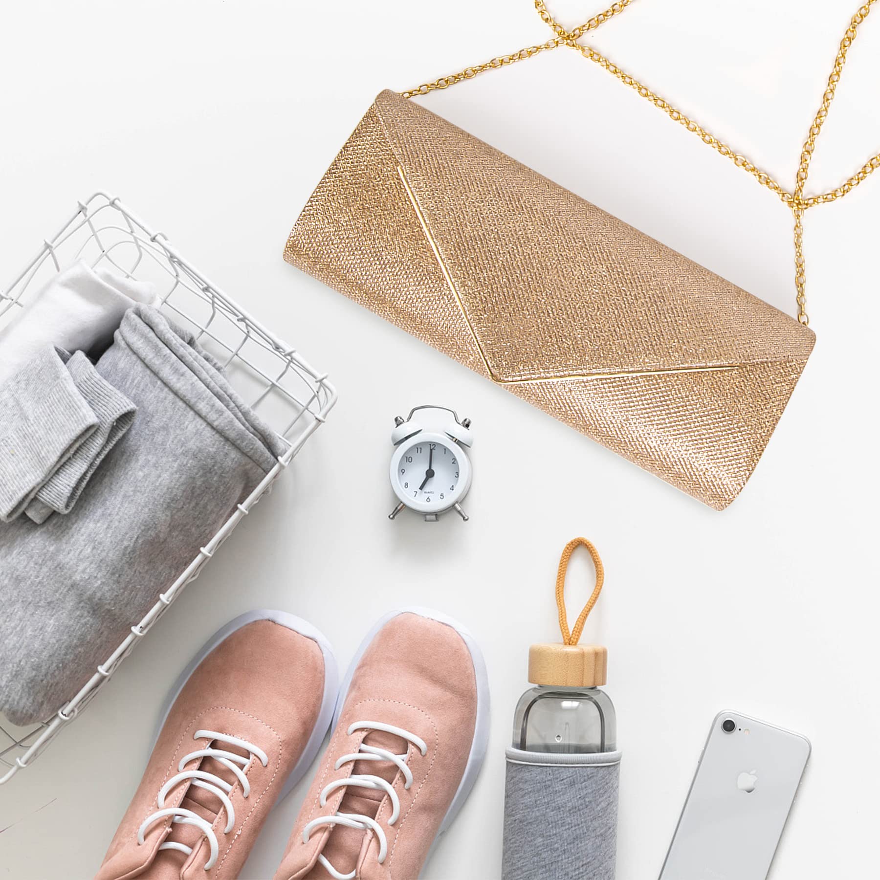 Larcenciel Clutch Purses for Women, Sparkling Envelope Evening Bag with Detachable Chain, Glitter Sequins Metal Formal Handbag Shoulder Crossbody Bag Prom Party Purse Bridal Wedding Bag-Champagne Gold