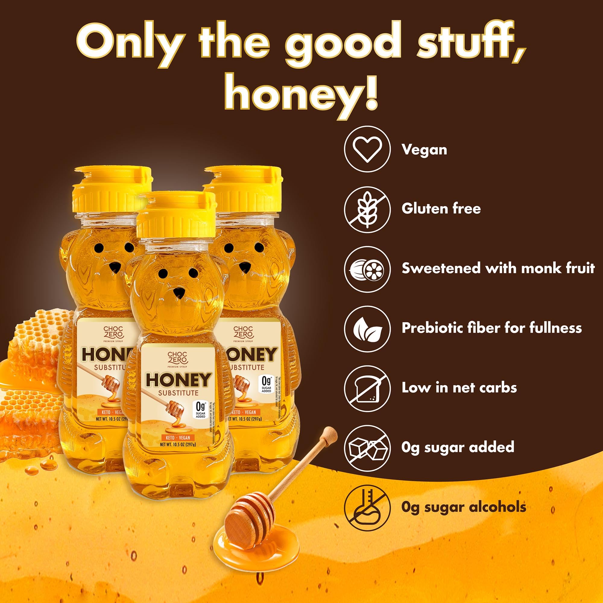 ChocZero Sugar Free Honey, 1:1 Natural Honey Equivalent, Same Sweetness and Consistency as Raw Honey, Keto Friendly, Vegan (1 Jar, 10.5oz)