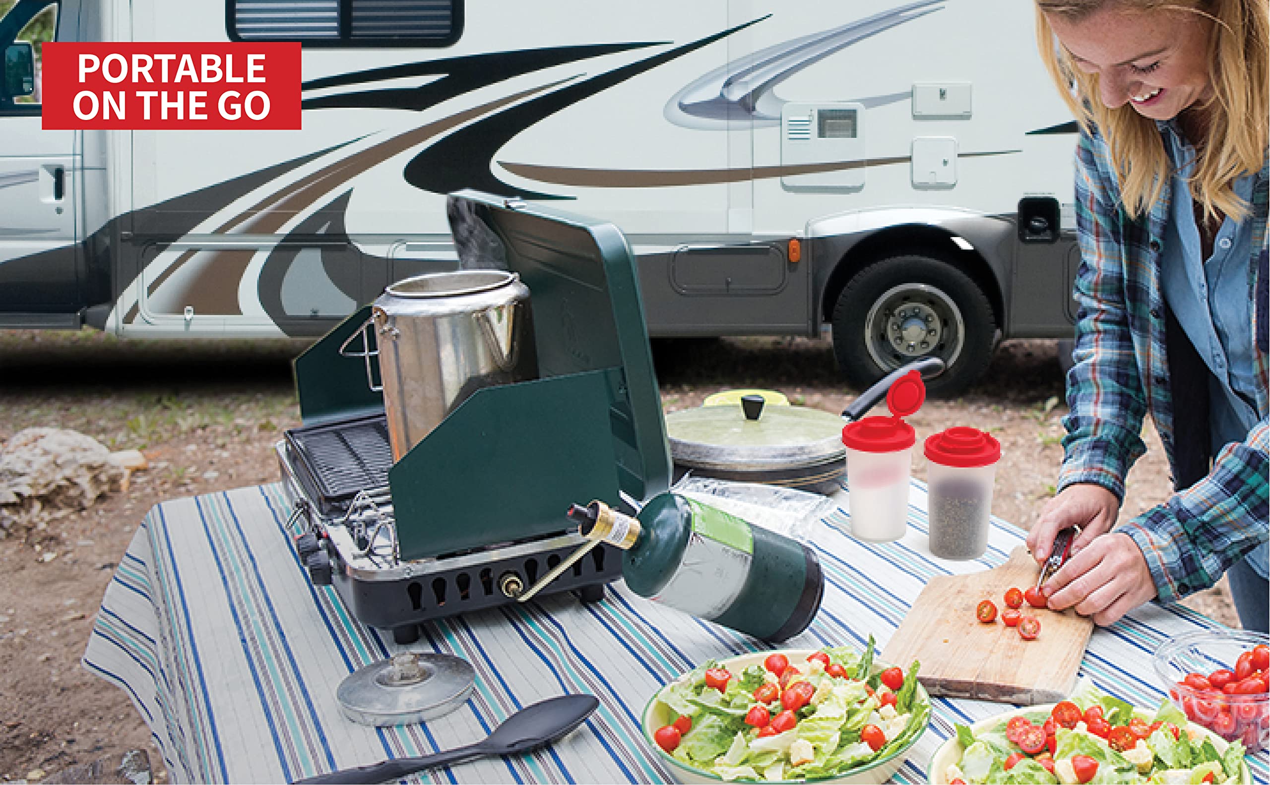 SIGNORAWARE Salt and Pepper Shakers Moisture Proof Set of 2 Large Salt Shaker to go Camping Picnic Outdoors Kitchen Lunch Boxes Travel Spice Set Clear with Red Covers Lids Plastic Airtight Dispenser