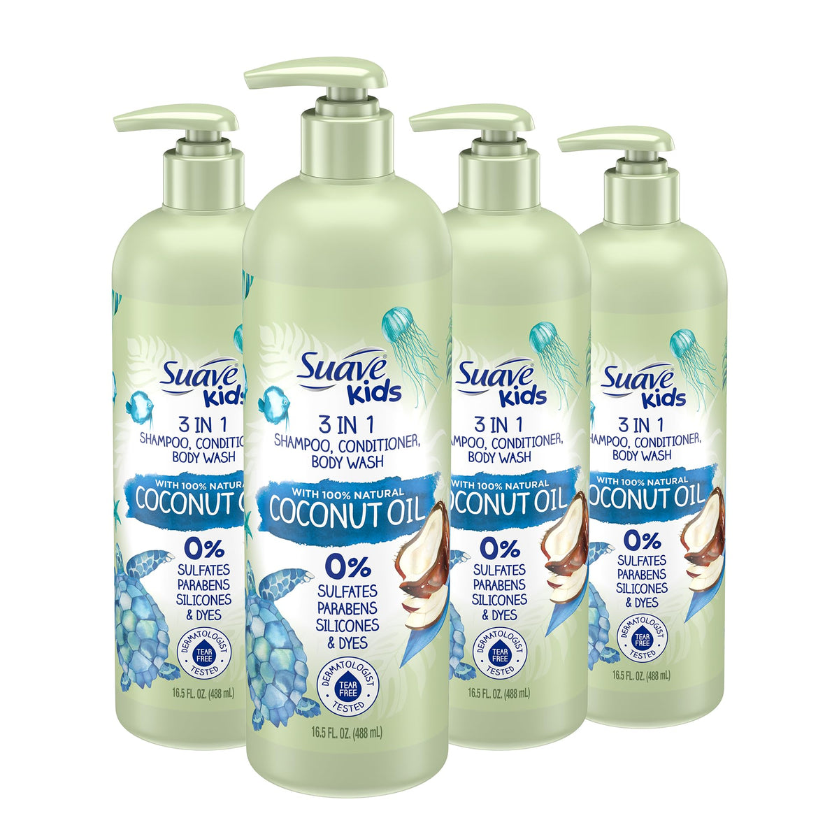 Suave Kids Natural Kokosnussöl 3-in-1 Tränenfrei, Duschgel, Shampoo und Conditioner, Ohne Sulfate, Ohne Parabene, Ohne Silikone, Ohne Farbstoffe, 488ml, 4er-Pack