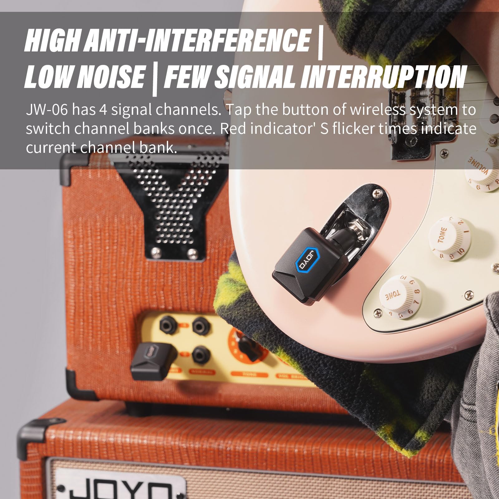 JOYO Wireless Guitar System 5.8GHz Wireless Guitar Transmitter Receiver with Charging Box 4 Signal Channel for Guitar Bass Electric Instruments (JW-06)