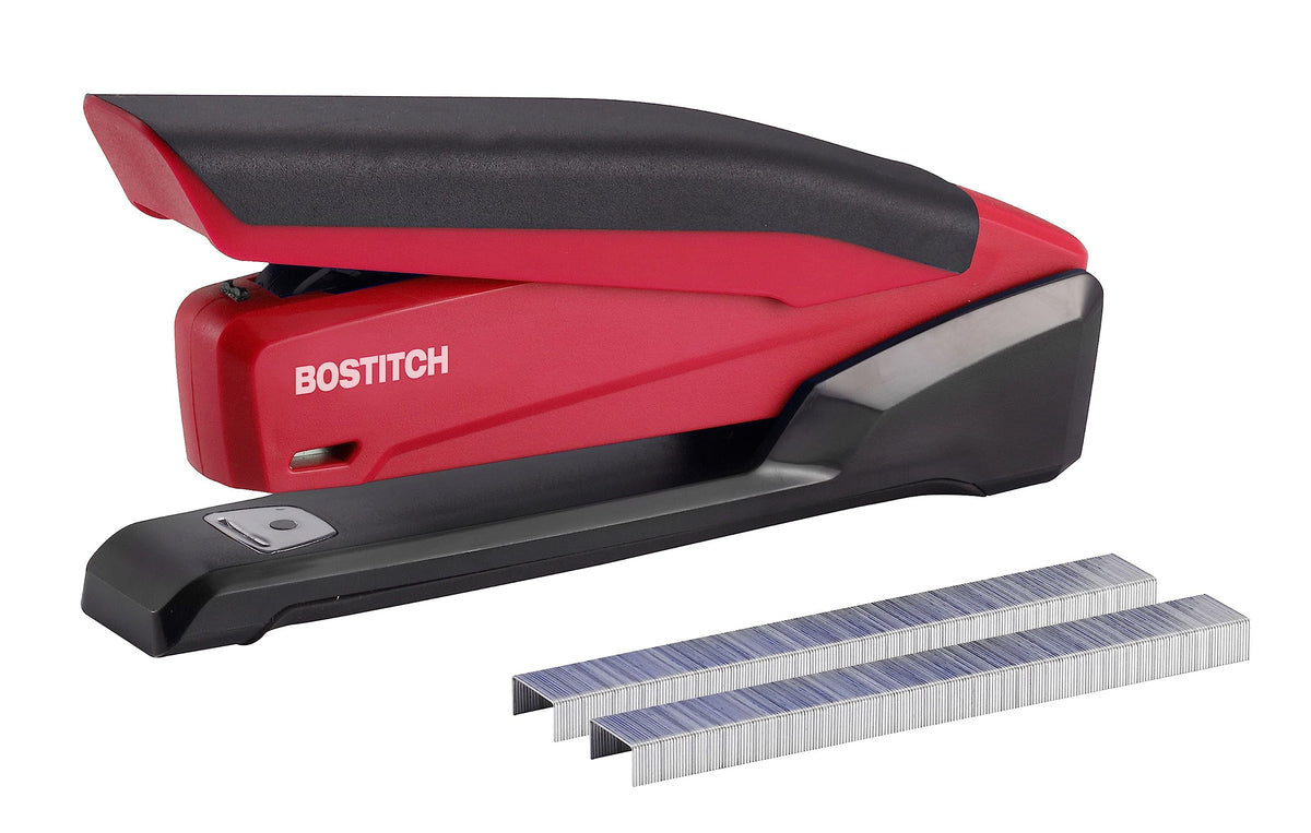 Bostitch Office Executive 3-in-1 Tacker, inklusive 210 Klammern und integriertem Klammerentferner, Ein-Finger-Heftung, mühelos, 20 Blatt Kapazität, federbetriebener Tacker, Rot