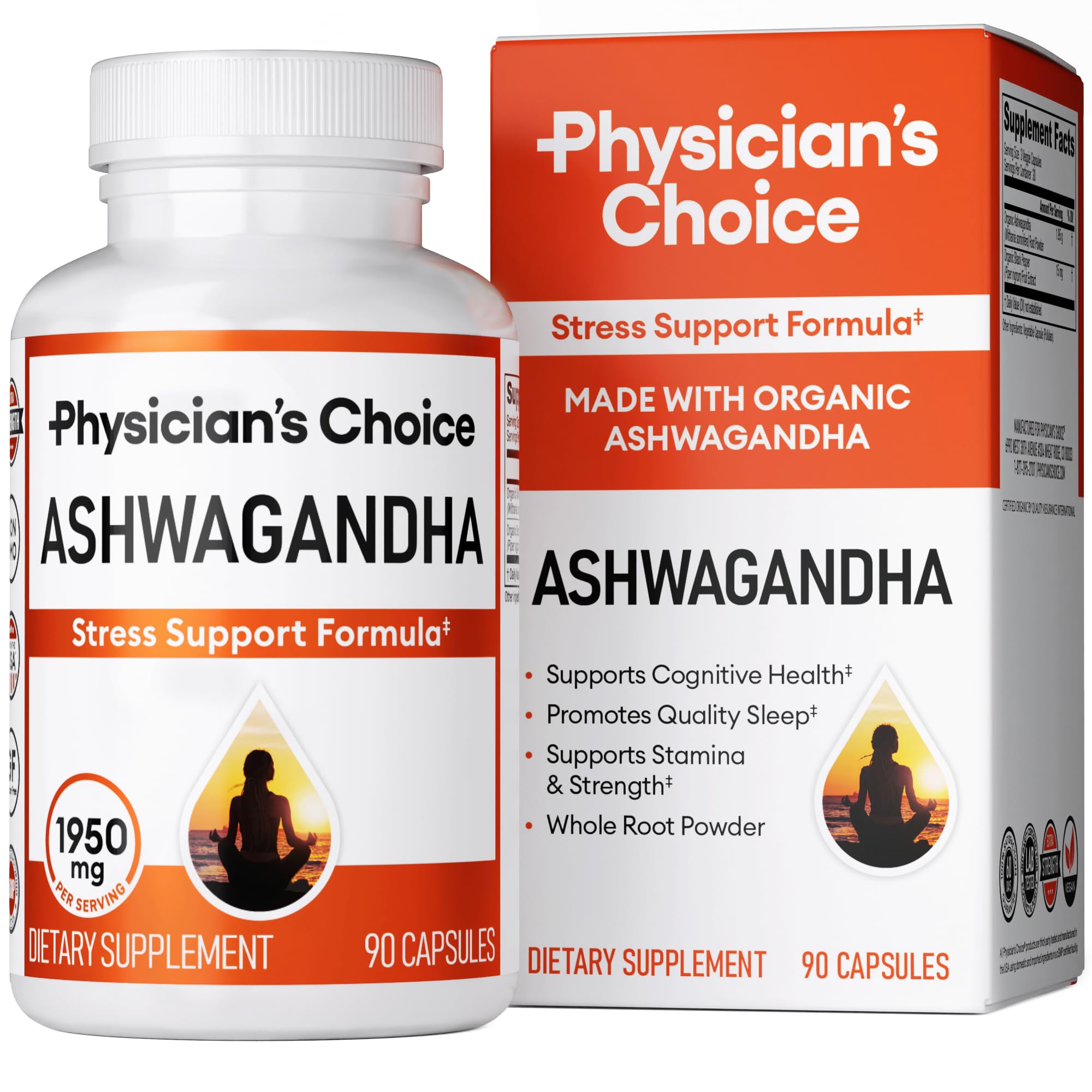 Physician's CHOICE Ashwagandha Supplement - 1950mg of Bioavailable Organic Ashwagandha Root Powder - Black Pepper Extract, Stress Support, Mood Support Supplement, 90 Veggie Ashwagandha Capsules