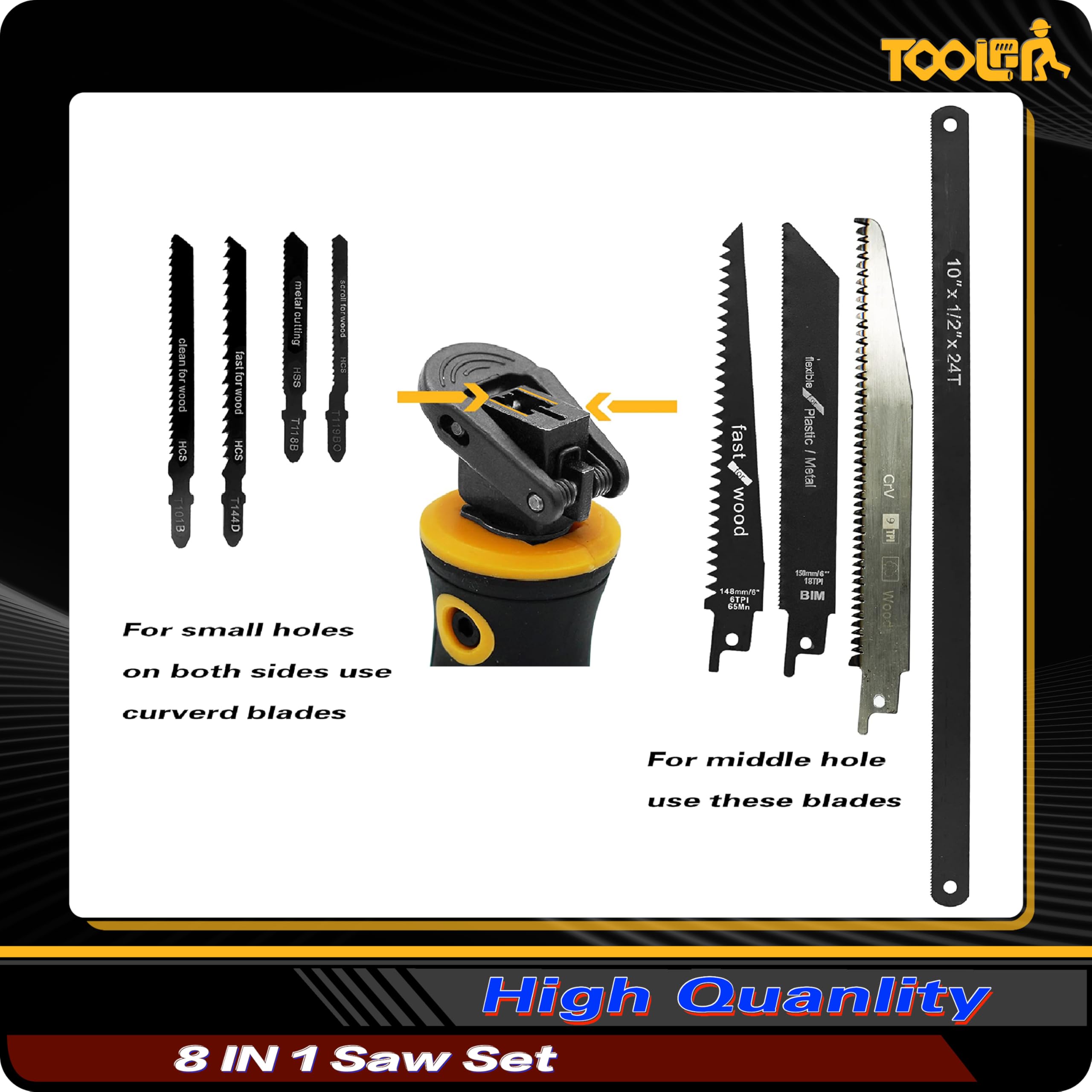 TOOLAN: 8-In-1 Multi Blades Hand Saw, Drywall Cutter. Hacksaw. Long Blade Hand Saw, Jab Saw, For Cutting Drywall, Sheetrock, Wood, Metel, Plastic, Plywood. Blade Quick Change Mechanism.