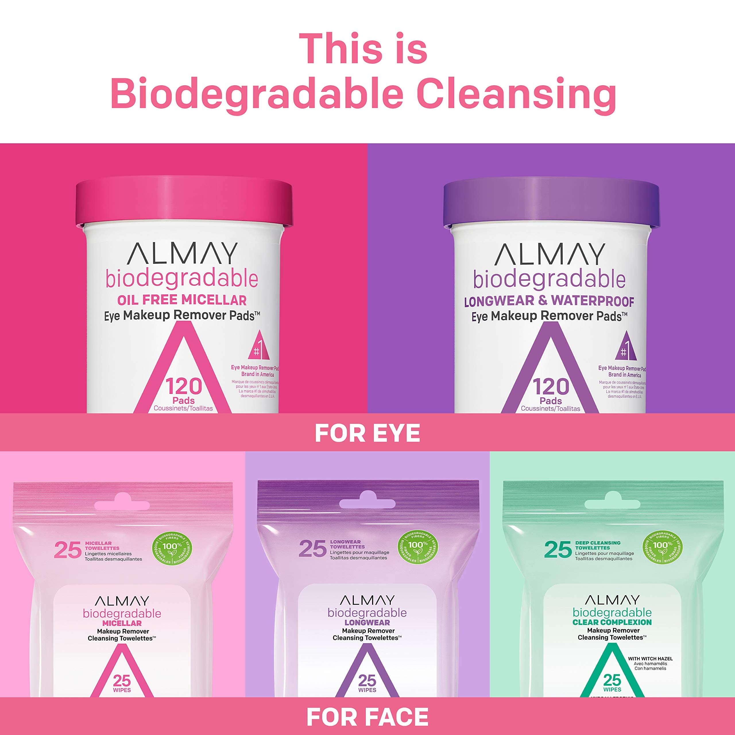 Almay Biodegradable Makeup Remover Pads, Micellar Gentle, Hypoallergenic, Fragrance-Free, Dermatologist & Ophthalmologist Tested, 120 Count