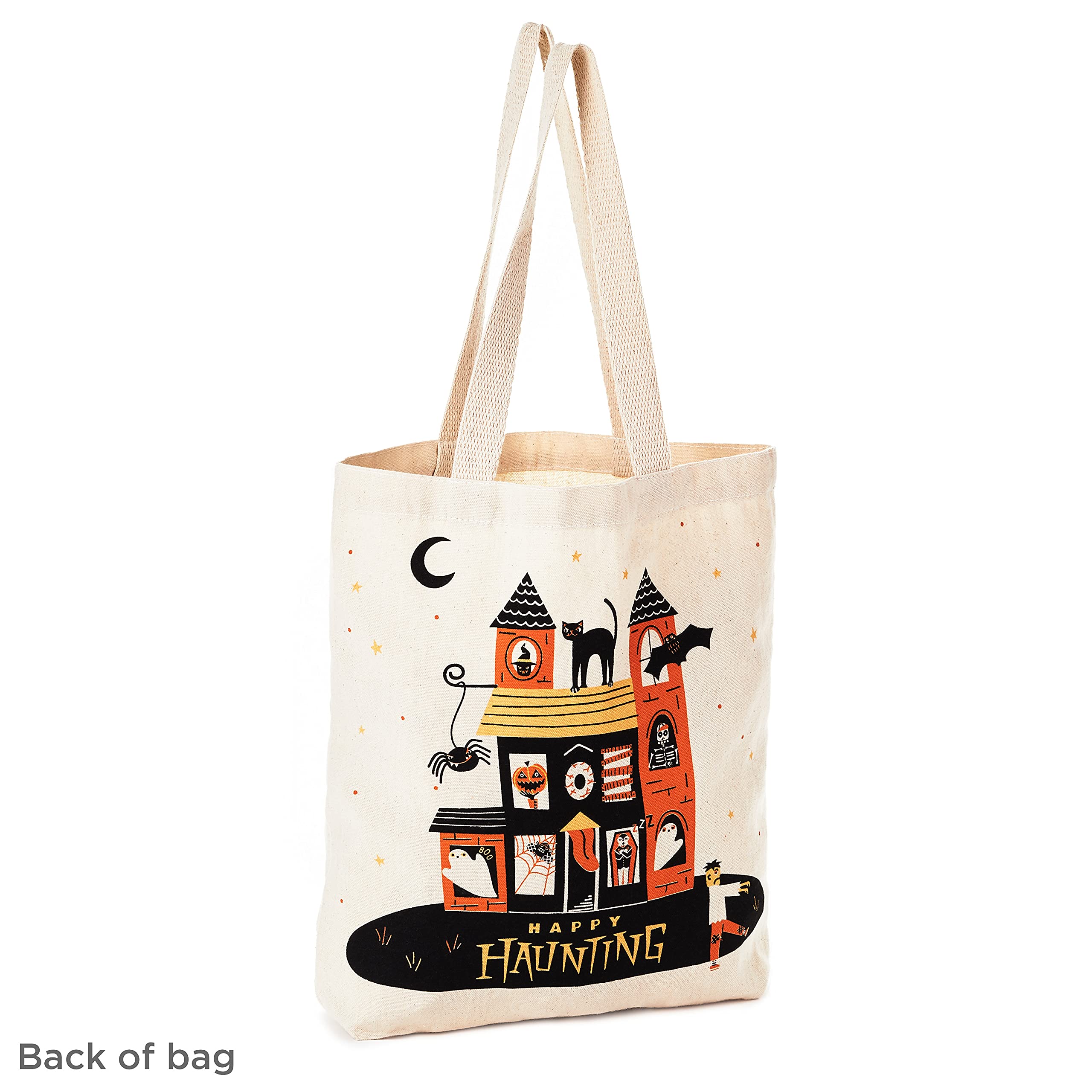 Hallmark 13" Large Halloween Tote Bag (Happy Haunting Haunted House) Reusable Canvas Bag for Trick or Treating, Grocery Shopping and More