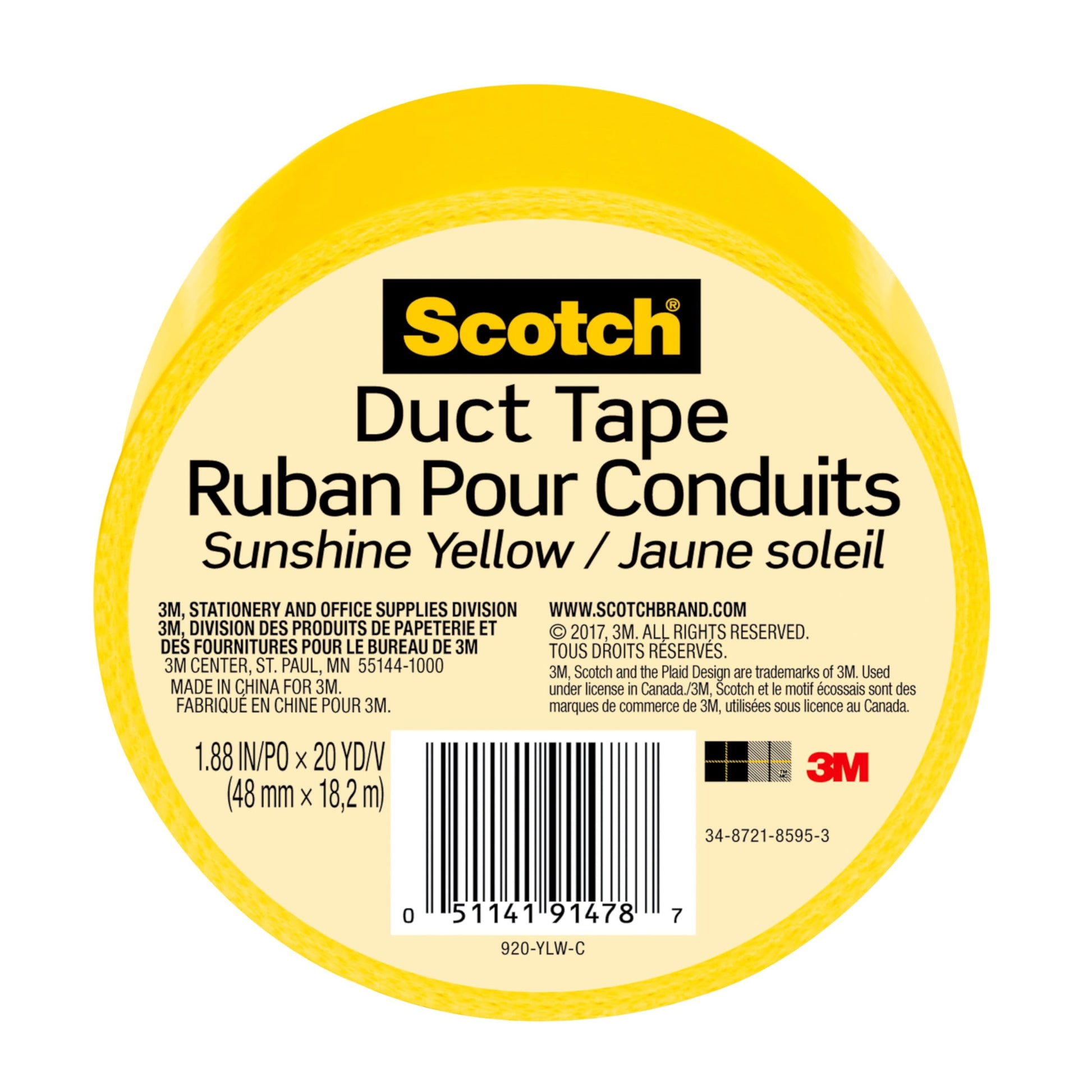 Scotch Duct Tape, 1.88 in x 20 yd, Sunshine Yellow, 1 Roll (920-YLW-C)