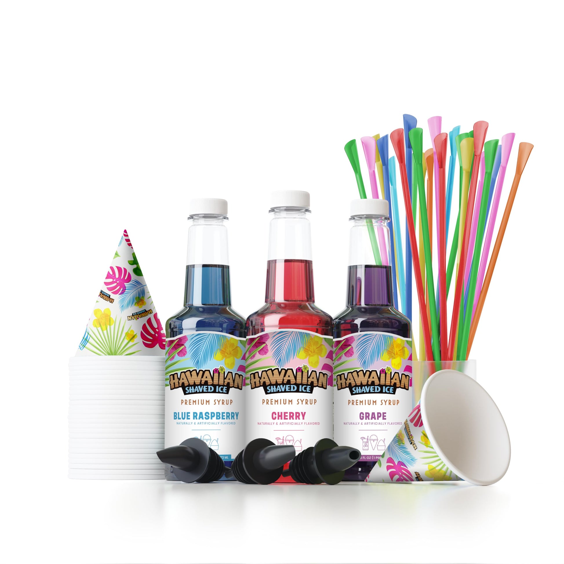 Hawaiian Shaved Ice Syrup Assortment with 3 - 16oz Bottles, 25 Snow Cone Cups, 25 Spoon Straws, and 3 Pouring Spouts. Flavors: Cherry, Blue Raspberry, and Grape. Allergy-friendly.