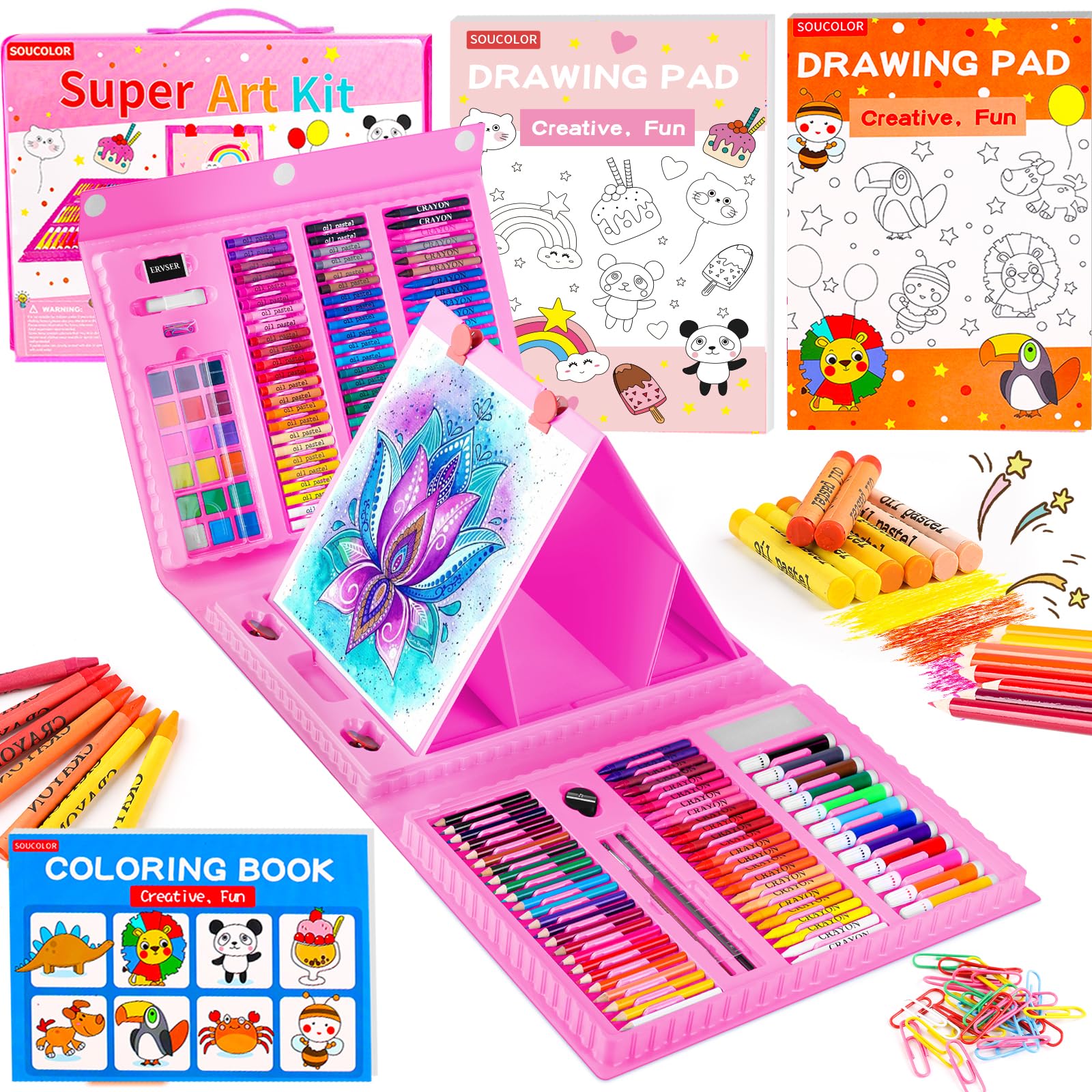 Soucolor Art Supplies, 283 Pieces Drawing Set Art Kits with Trifold Easel, 2 Drawing Pads, 1 Coloring Book, Crayons, Pastels, Arts and Crafts Gifts Case for Kids Girls Boys Teens Beginners