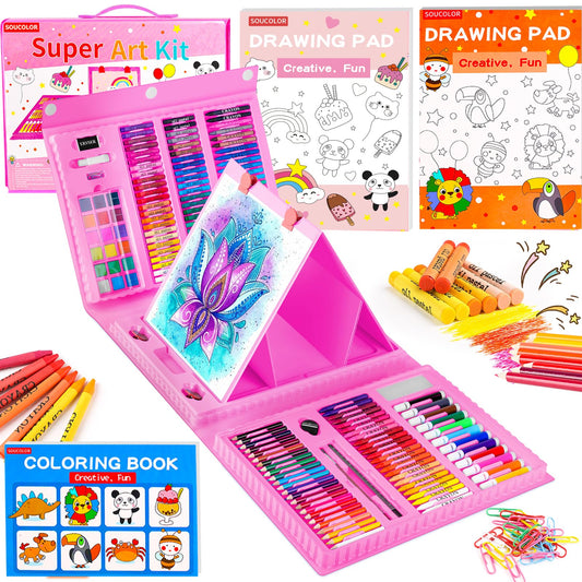 Soucolor Art Supplies, 283 Pieces Drawing Set Art Kits with Trifold Easel, 2 Drawing Pads, 1 Coloring Book, Crayons, Pastels, Arts and Crafts Gifts Case for Kids Girls Boys Teens Beginners