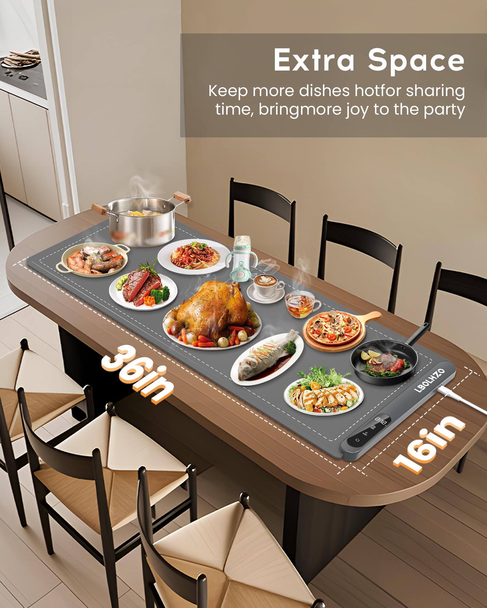 Warming Mat For Food Extra Large 36"x16" 580W Food Warmer Chafing Dishes for Buffet,Food Warming Mat,Food Warmers for Parties Buffet,Portable Heating Pad 6 Level Temp 6 Hour Timer
