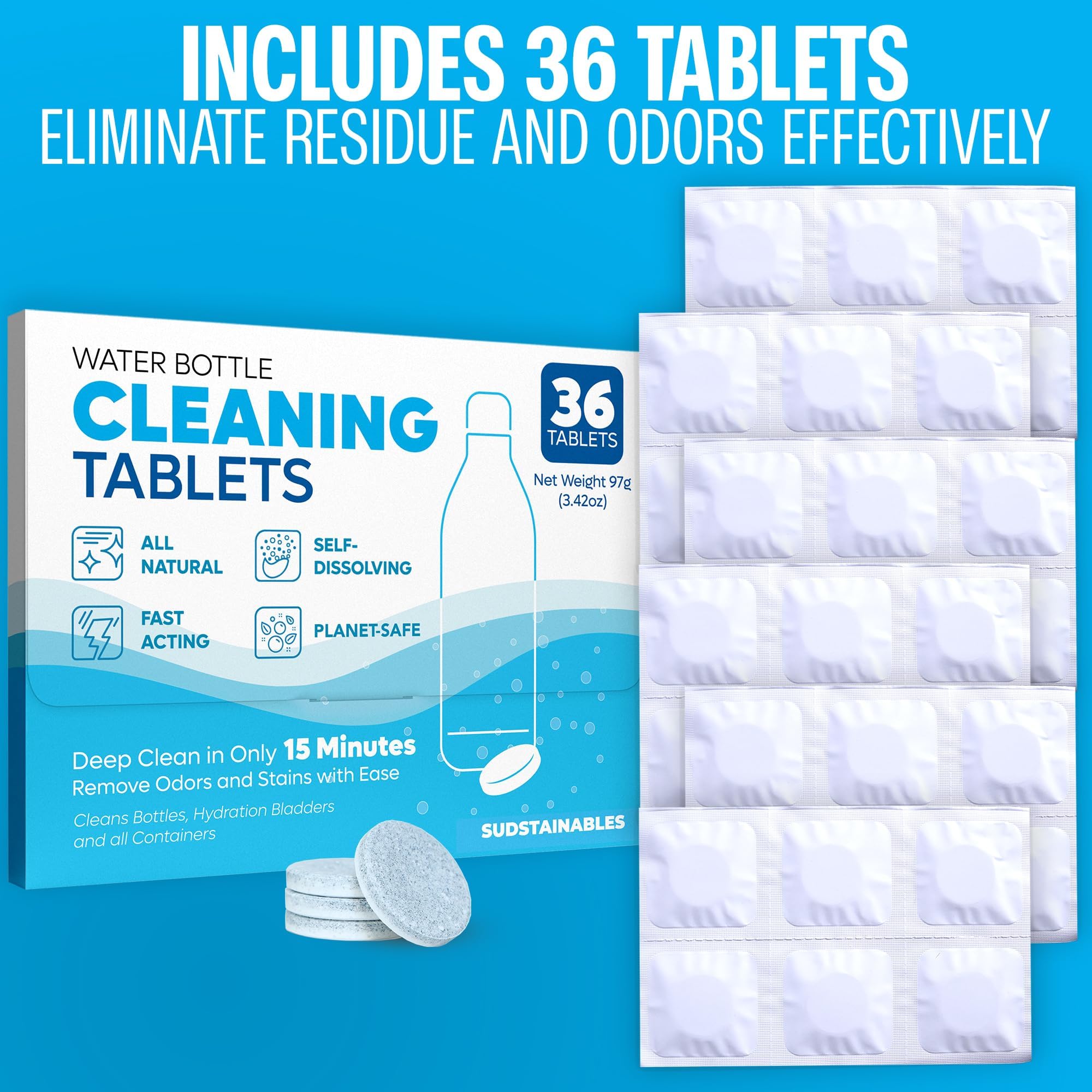 Sudstainables Water Bottle Cleaning Tablets – 36-Pack, Chlorine-Free and Odorless Cleaner for Hydration Bladders, Stainless Steel, Tumblers, and Glass Bottles - Removes Stubborn Stains and Odors