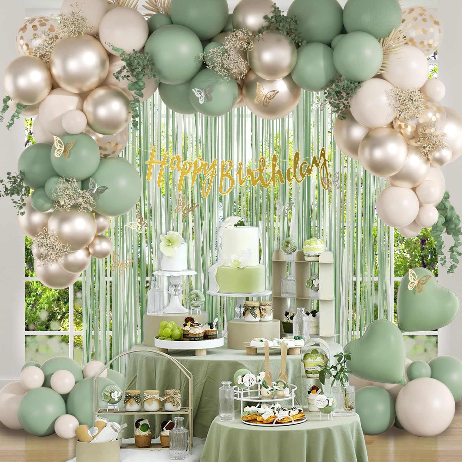 Sage Green Birthday Party Decorations with Happy Birthday Banner Green Fringe Curtain Butterfly Decorations Foil Balloons Happy Birthday Decorations for Women