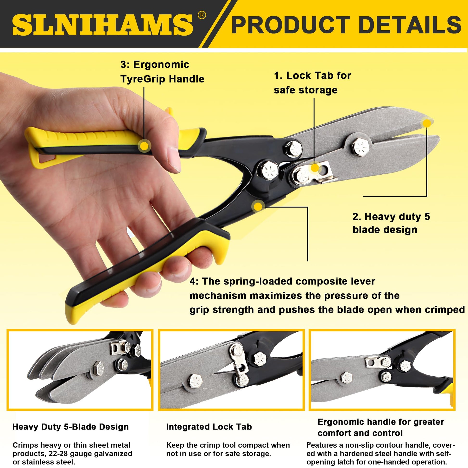 SLNIHAMS 5-Blade Hand Crimper Sheet Metal Tools, Hvac Tool for 24-28 Gauge Duct Work Downspout and Stove Pipe, 10-1/2" Sheet Metal Crimper Gutter End Cap Duct Crimping Tool