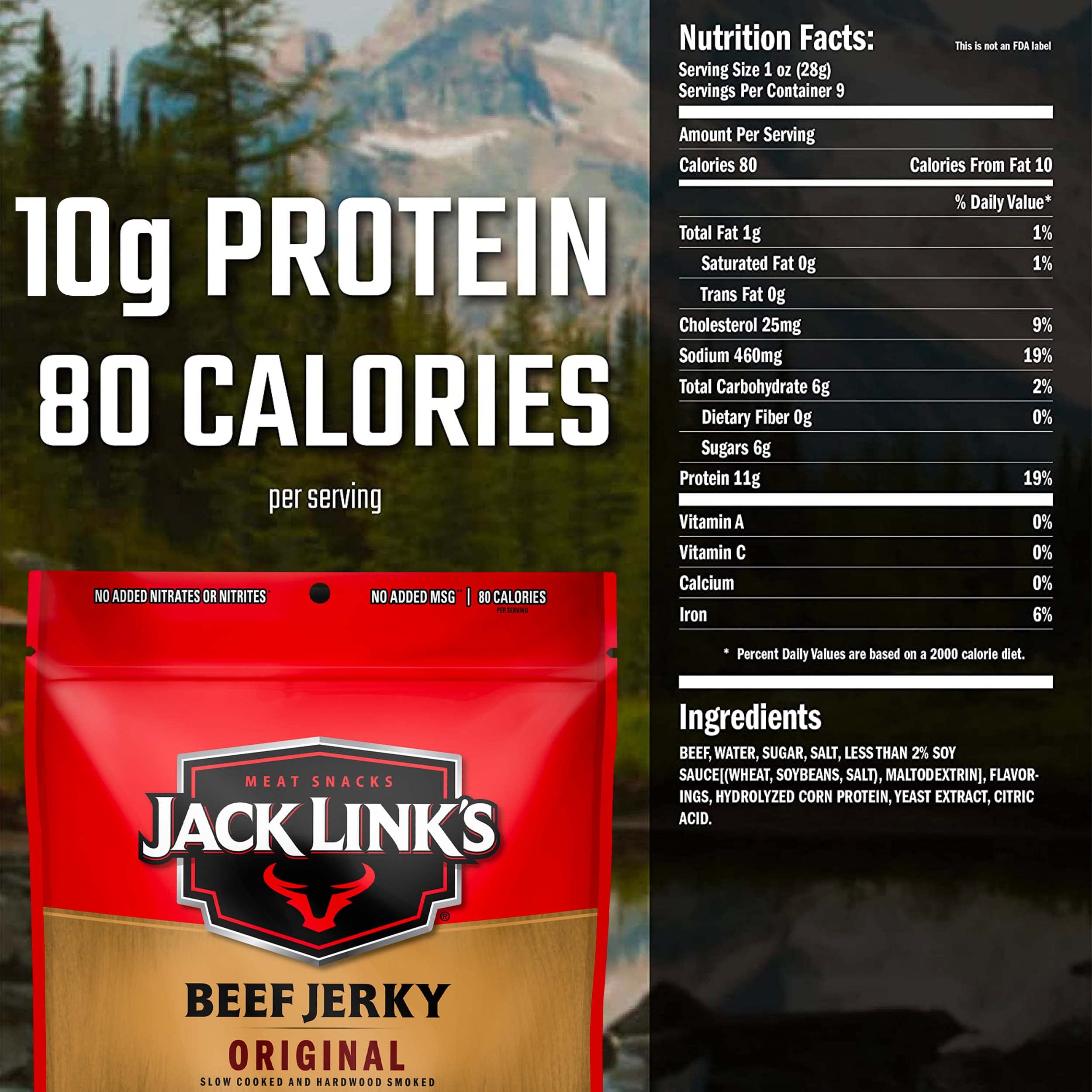 Jack Link's Beef Jerky, Original – Great Everyday Snack, 10g of Protein and 80 Calories, Made with 100% Beef – 96% Fat Free, No Added MSG** – 9 Oz. (Pack of 2)