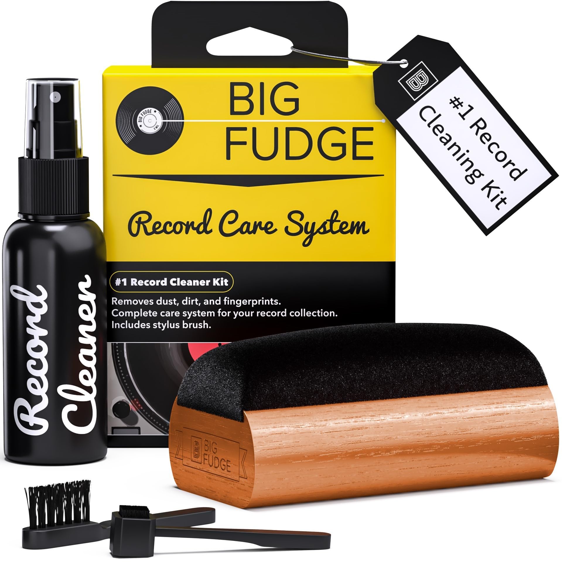 Big Fudge Vinyl Record Cleaning Kit - 4-in-1 Record Cleaner Solution - Includes Ultra-Soft Velvet Record Brush, Cleaning Liquid, Stylus Brush and Storage Pouch