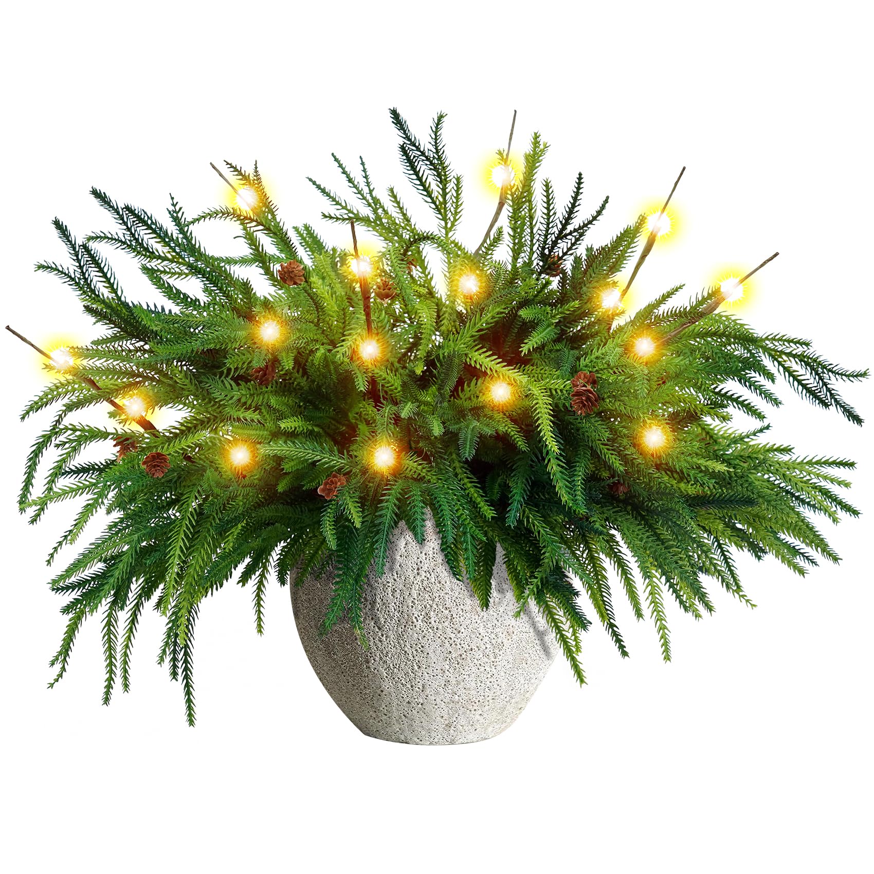 12 Pcs Christmas Norfolk Pine Branches with Branch Lights,17.8" Norfolk Pine Artificial Xmas Branches with Pine Cones, Norfolk Pine Stems for DIY Crafts Garland Wreath Xmas Indoor Outdoor Home Decor