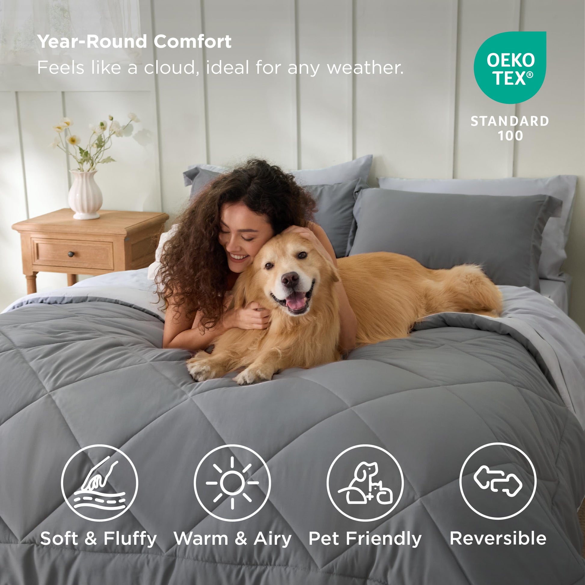 Bedsure Queen Comforter Set - 7 Pieces Reversible Grey Bedding, Queen Size Bed Set for All Seasons, Bed in a Bag with Down Alternative Comforter, Sheets, Pillowcases & Shams