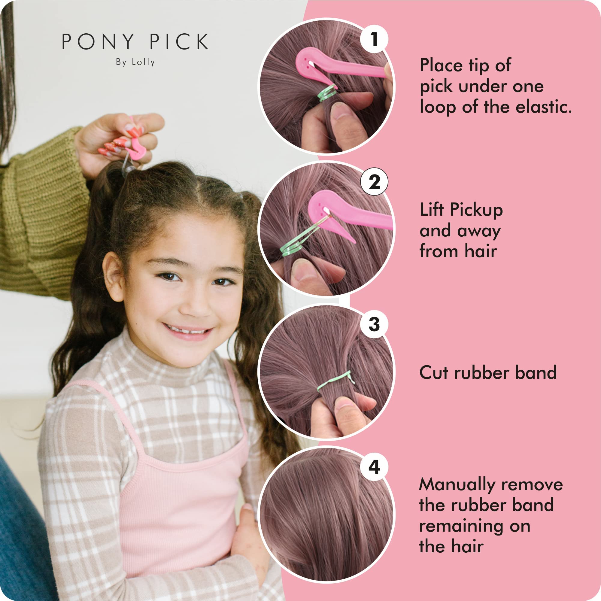 THE PONY PICK Hair Elastic Rubber Bands Cutter Tool – Easy To Use, Pain Free, No Hair Damage – Ponytail Cutter Tool for Kids & Toddlers (3 Packs of Pony Pick & 50 Clear Hair Elastics)