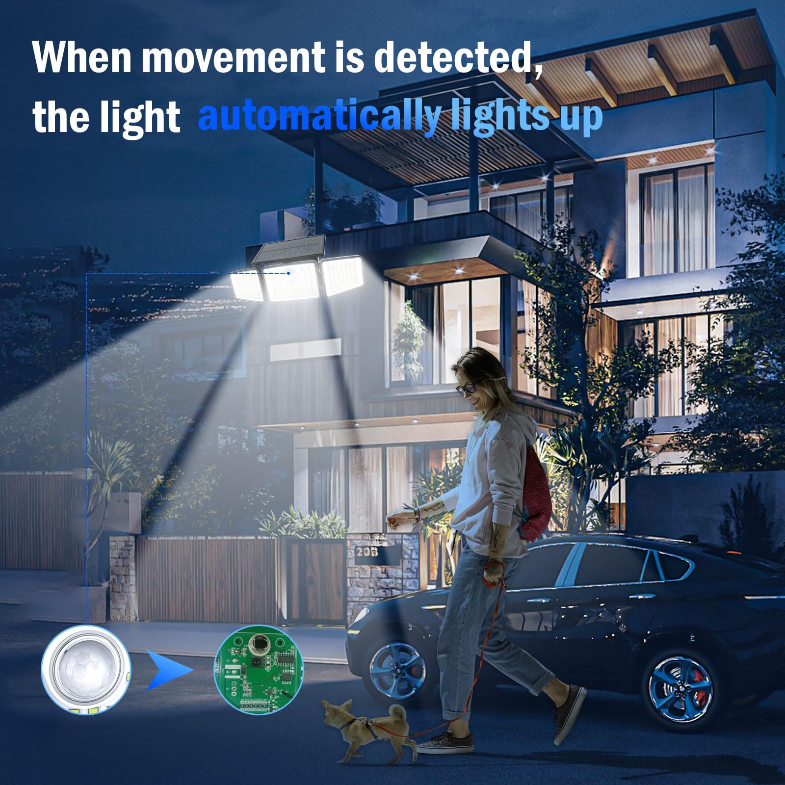 daphino 2500LM Solar Lights Outdoor with Motion Sensor,3 Head 270° Wide Angle Street Area Lights, IP65 Waterproof Security Lighting with 3 Modes(Non-Remote,2 Pcs)