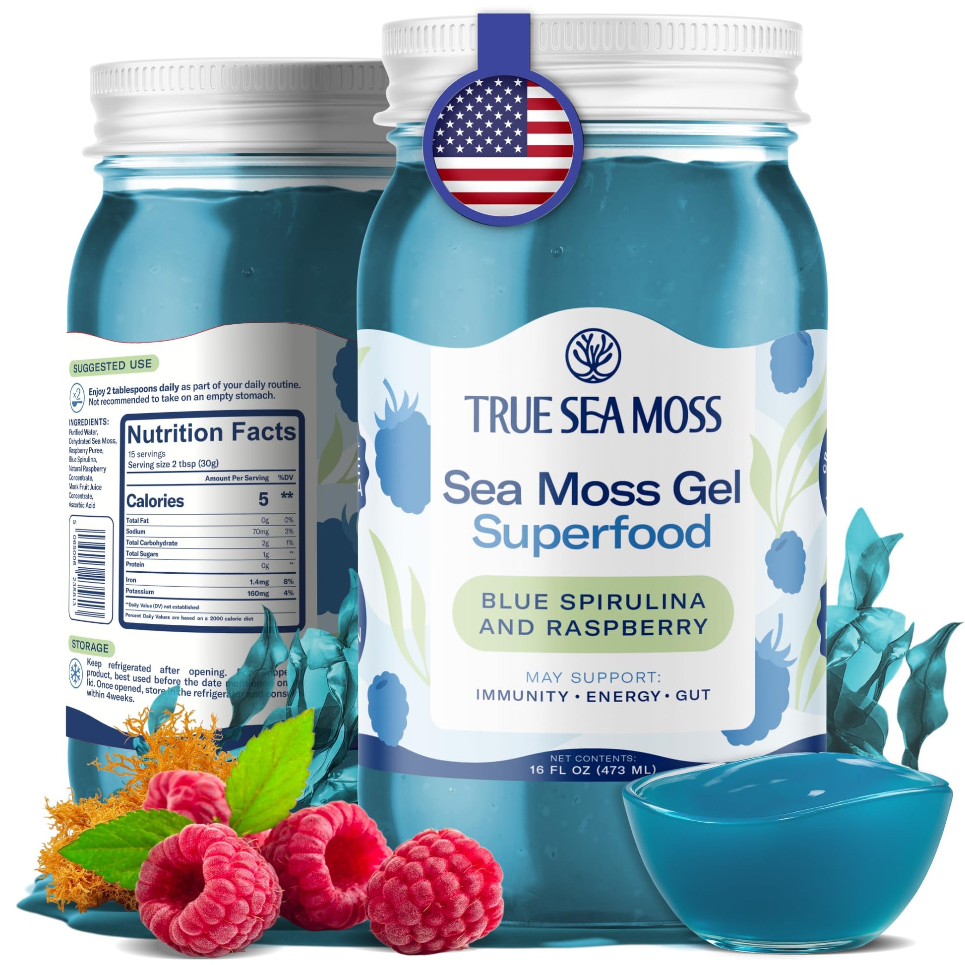 TrueSeaMoss Sea Moss Gel – Made in USA – Wildcrafted Seamoss, Fresh Fruits & Sea Vegetables – Blue Spirulina, Pack of 1 (Labels may Vary)