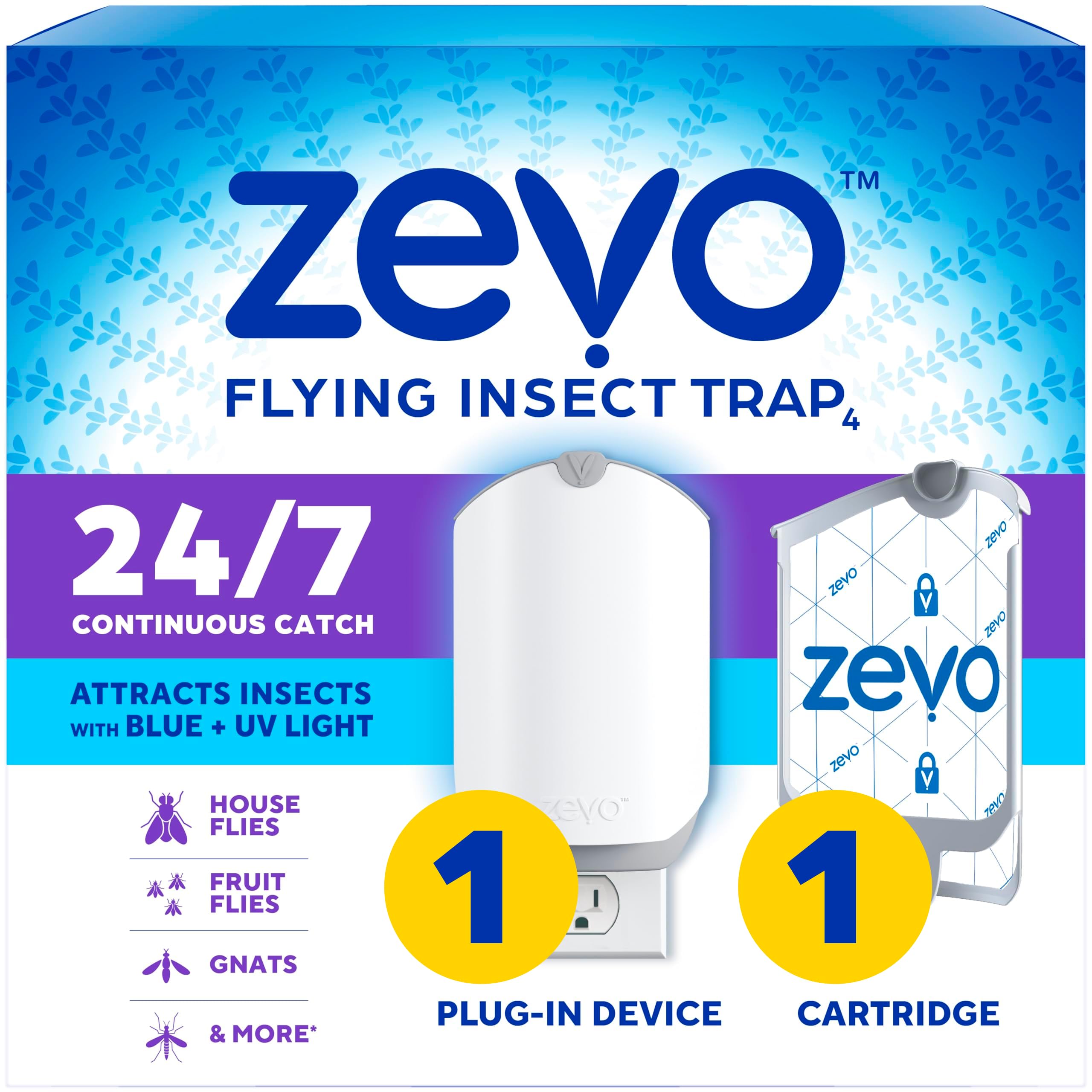 Zevo Flying Insect Trap & Cartridge - Plug in Fly Trap & Indoor Bug Catcher for Gnats, House & Fruit Flies - Mess-Free - Use in Any Room - Uses Blue & UV Light (1 Plug in Device & 1 Cartridge)