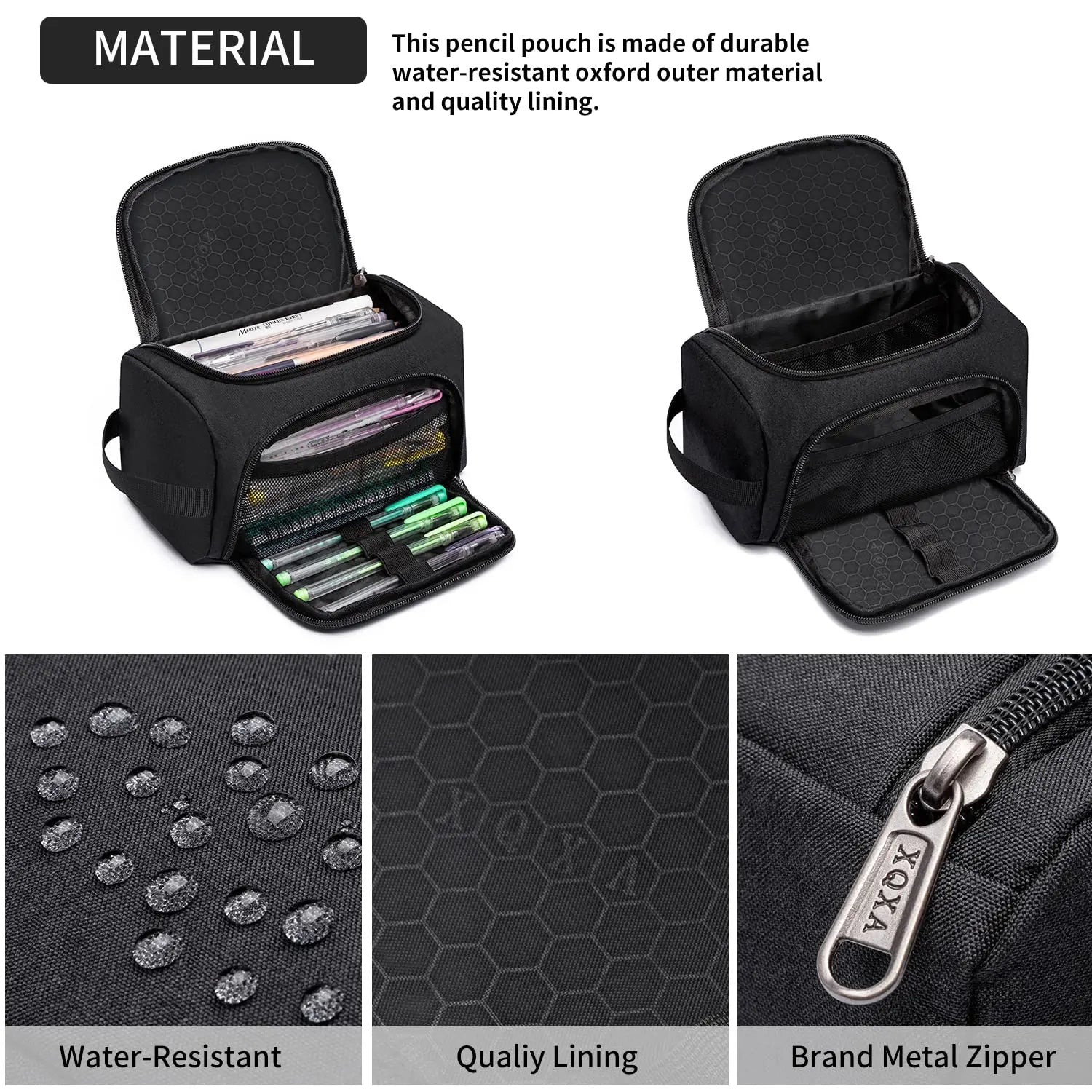 XQXA Large Capacity Pencil Case Organizer, Multifunctional Extra Big Pencil Pouch with Compartmens, Travel Simple Stationery Pen Bag, Fabric Pencil Bag for Men Women Girl Boy (Black)