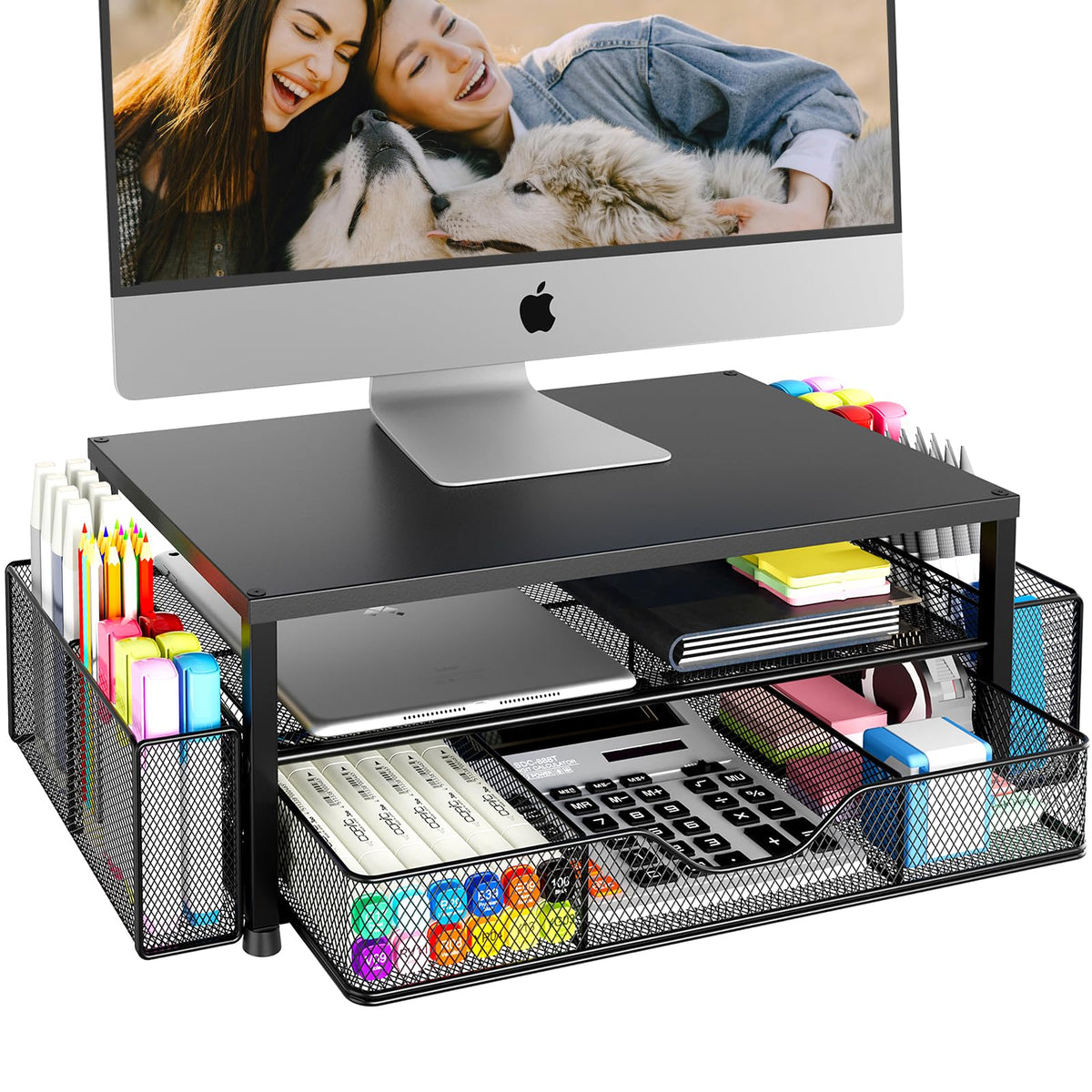 OPNICE Desk Organizer and Accessories, 2-Tier Computer Monitor Stand Riser with Drawer and 2 Pen Holders, Laptop Stand, Office Desk Accessories for Office Supplies, Black