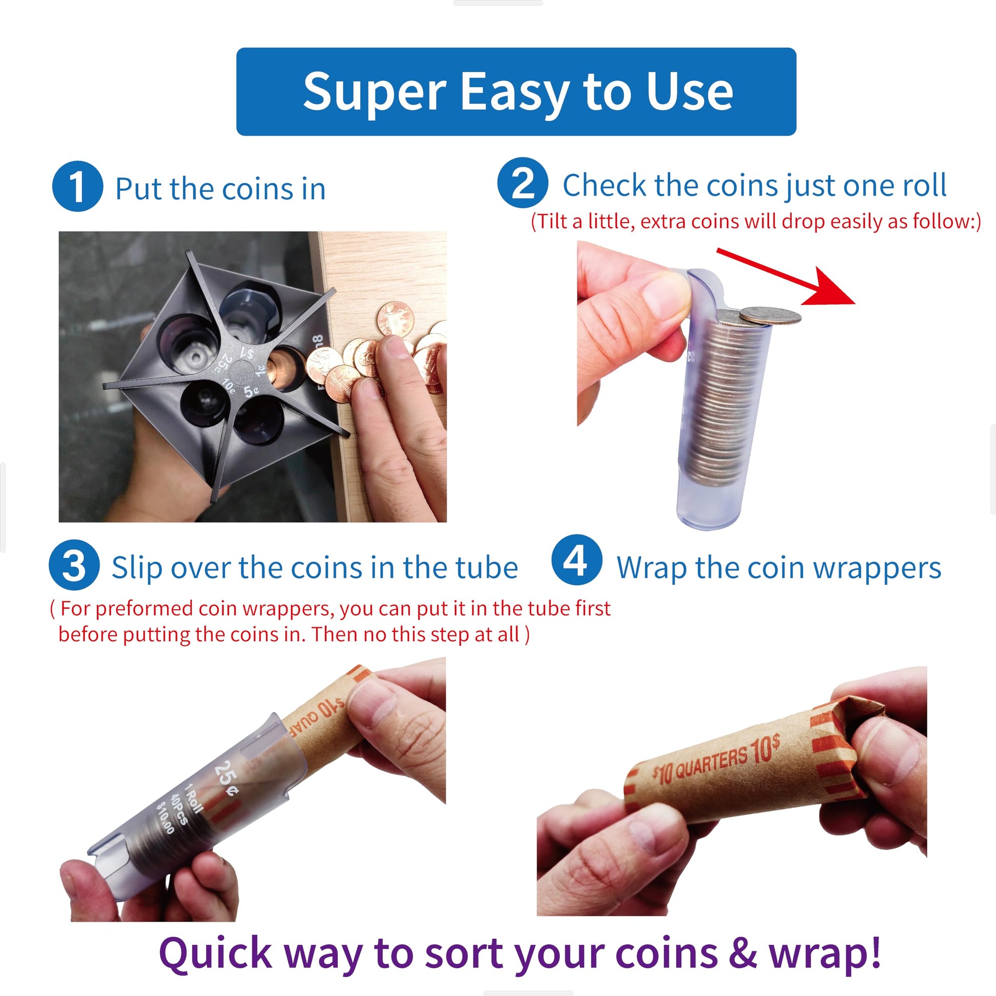 Byteen8 Coin Counter Coin Sorter Tube｜Creative 5-in-1 Change Sorter Coin Organizer｜Change Counter Machine Coin Roller｜Coin Bank Holder Coin Wrappers｜Super Easy to Use & Accurate｜Great Gift for Kids