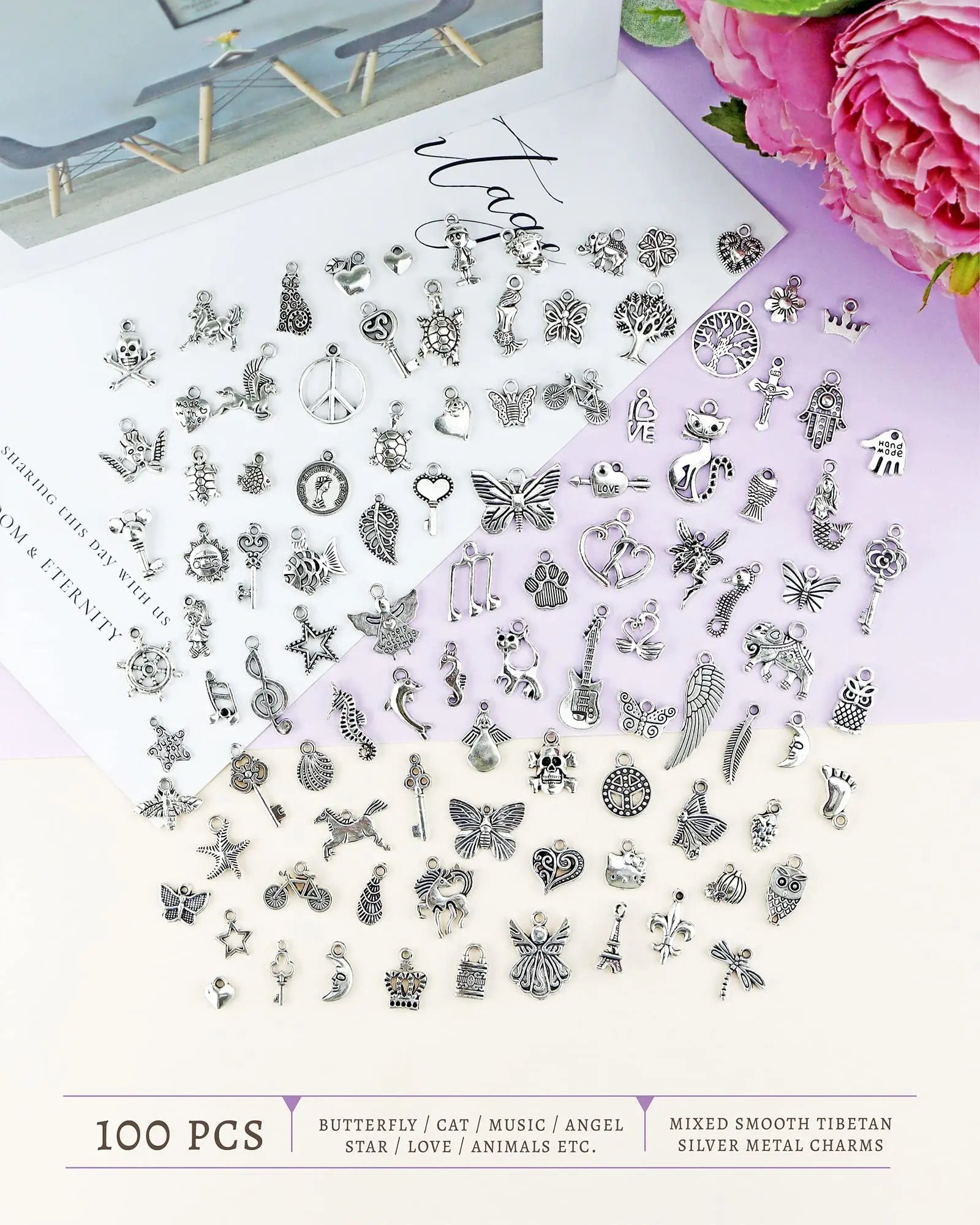 JIALEEY Wholesale Bulk Lots Jewelry Making Silver Charms Mixed Smooth Tibetan Silver Metal Charms Pendants DIY for Necklace Bracelet Jewelry Making and Crafting, 100 PCS