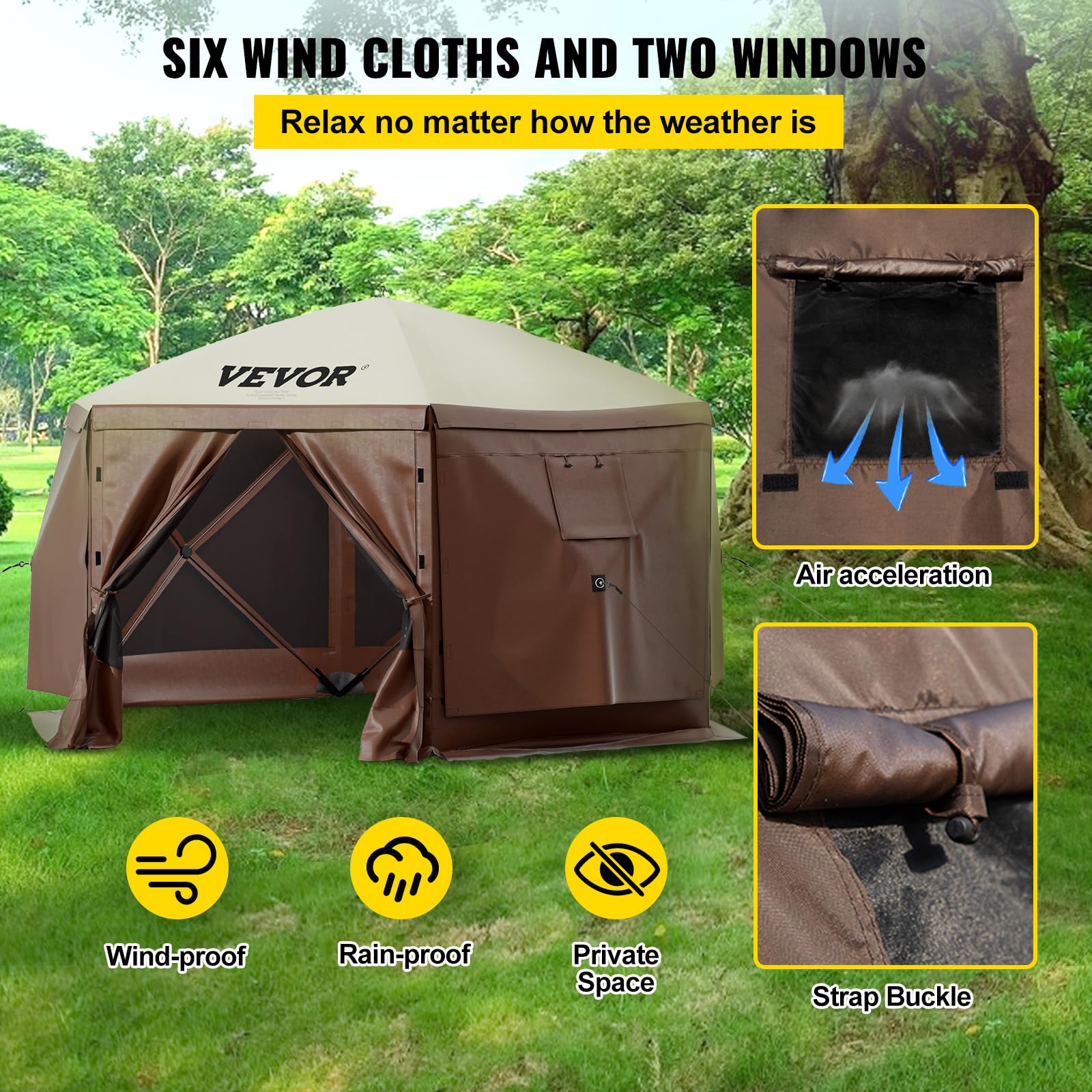 VEVOR 12 * 12ft 6 Sided Pop-up Canopy Shelter Tent with Mesh Windows, Portable Carry Bag, Stakes, Large Shade Tents for Outdoor Camping, Lawn and Backyard, Brown/Beige
