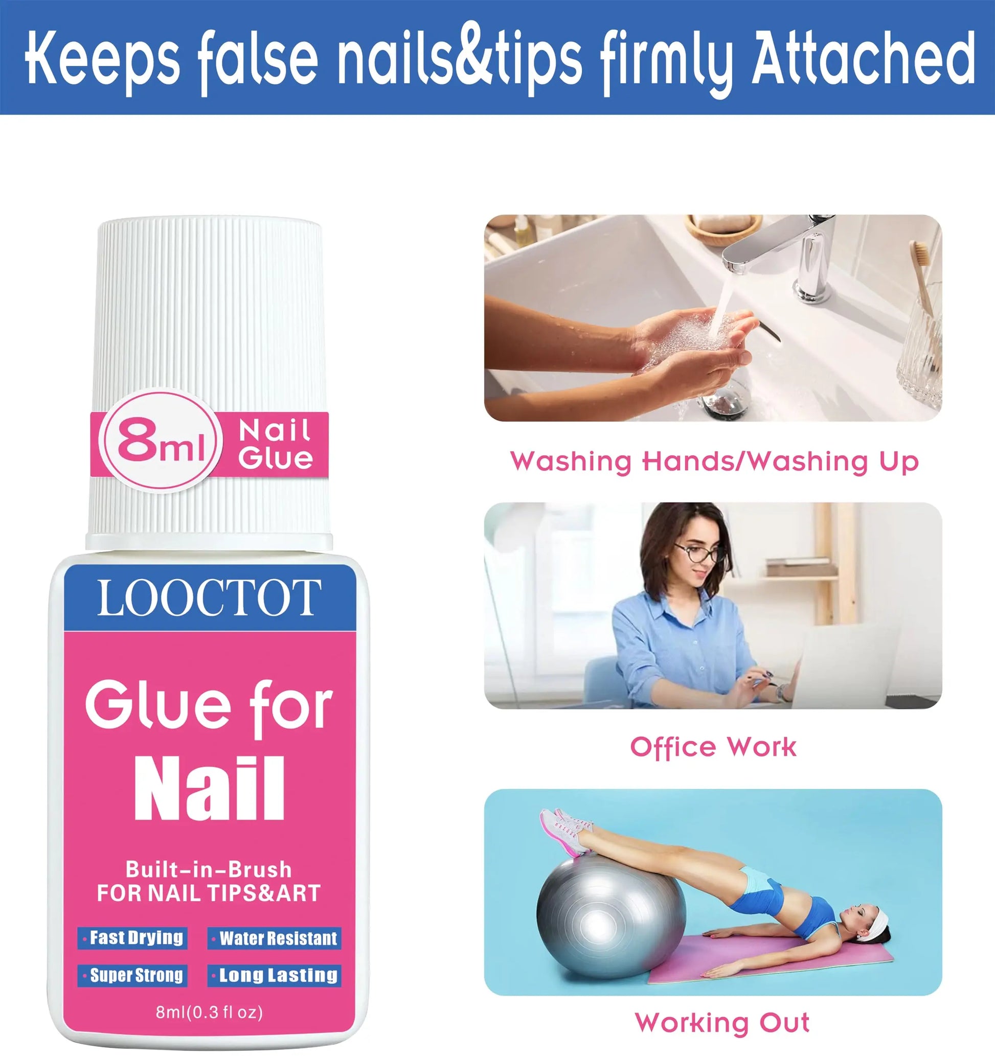 Super Strong Nail Glue for Nail Tips,Acrylic Nails and Press on Nails,Built in Brush on Nail Glue for Press on Nails,Long Lasting Nail Cement(8ml*2)