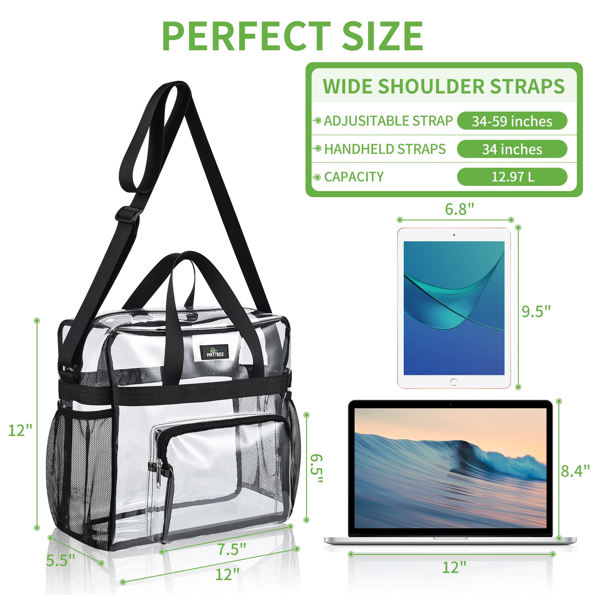 MAY TREE Clear Bag for Stadium Events 12×6×12, Large Clear Tote Bag with Reinforced Shoulder Straps for Concert Outfits and Festival - Black