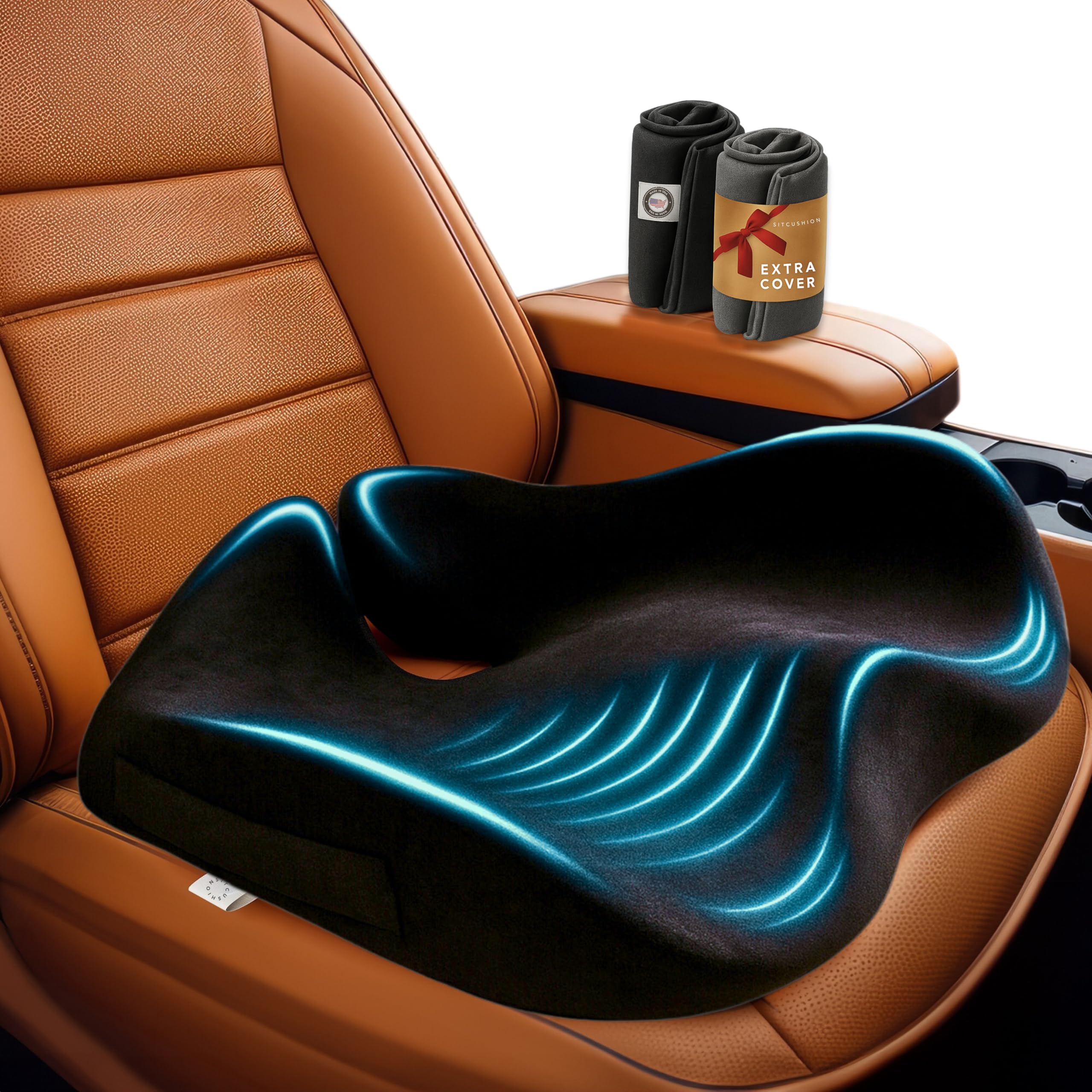 SitCushion Autositzkissen für Autofahrten – Orthopädisches Memory Foam Autositzpolster zur Linderung von Ischias, Steißbein- und Rückenschmerzen bei langen Autofahrten. Bonus: mit extra rutschfestem/waschbarem Bezug (Schwarz)