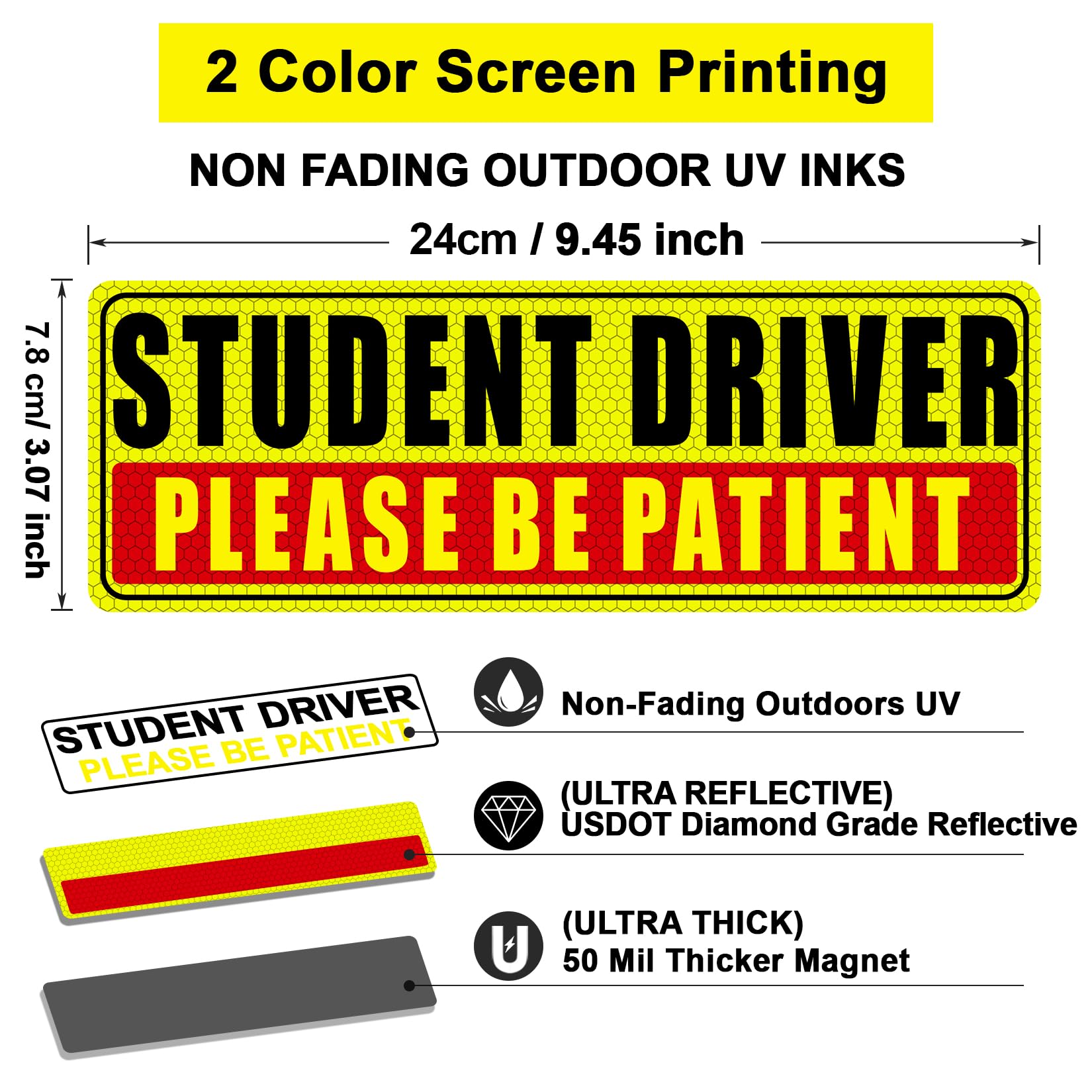 Sukh Student Driver Magnet for Car - Be Patient Student Driver Magnet New Student Driver Sticker Safety Warning Reflective Signs Reusable Movable 3 Pcs