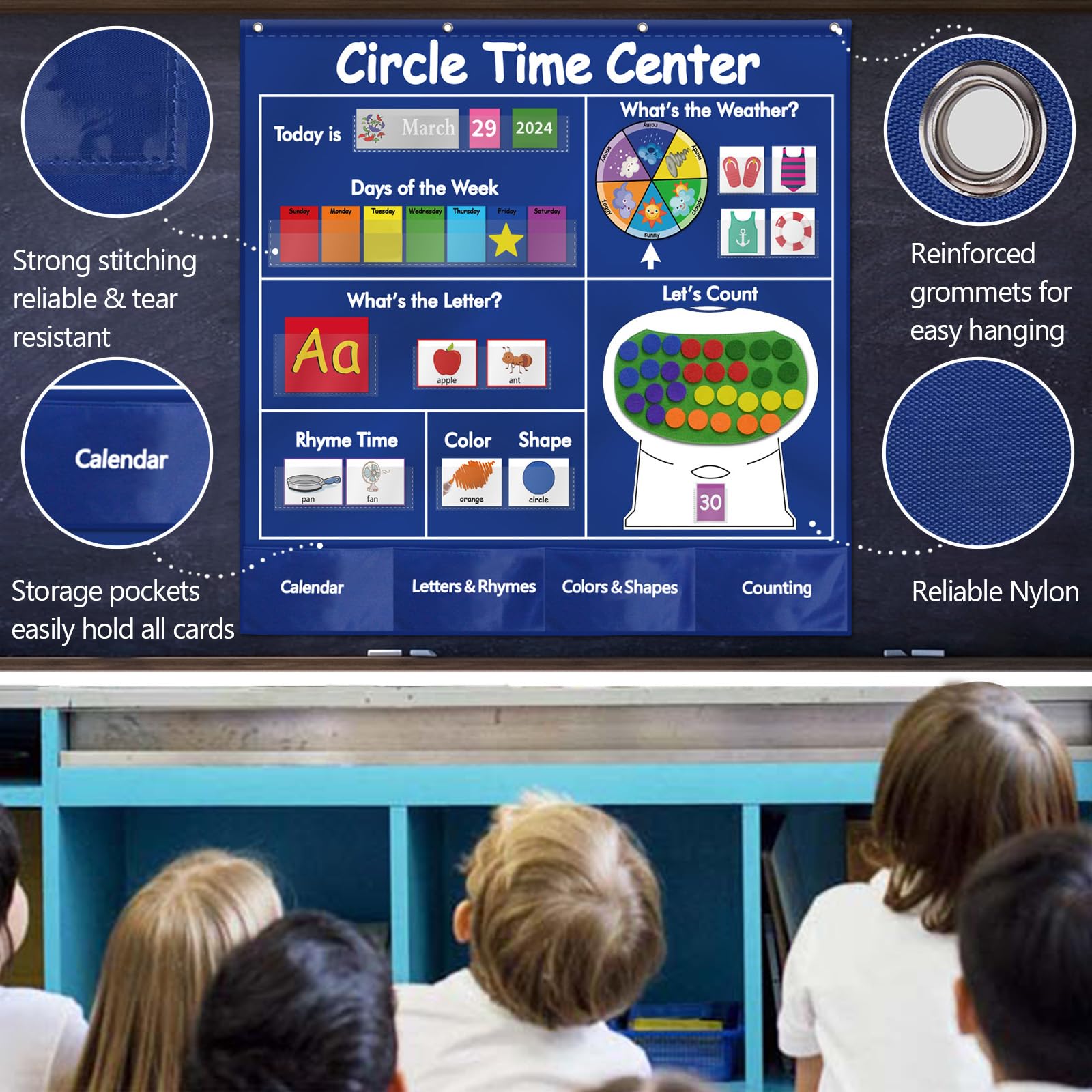 KIKIGOAL Circle Time Center Classroom Pocket Chart Educational Pocket Chart Teaching Materials Learning Calendar Weather Counting Letter Color Shape etc