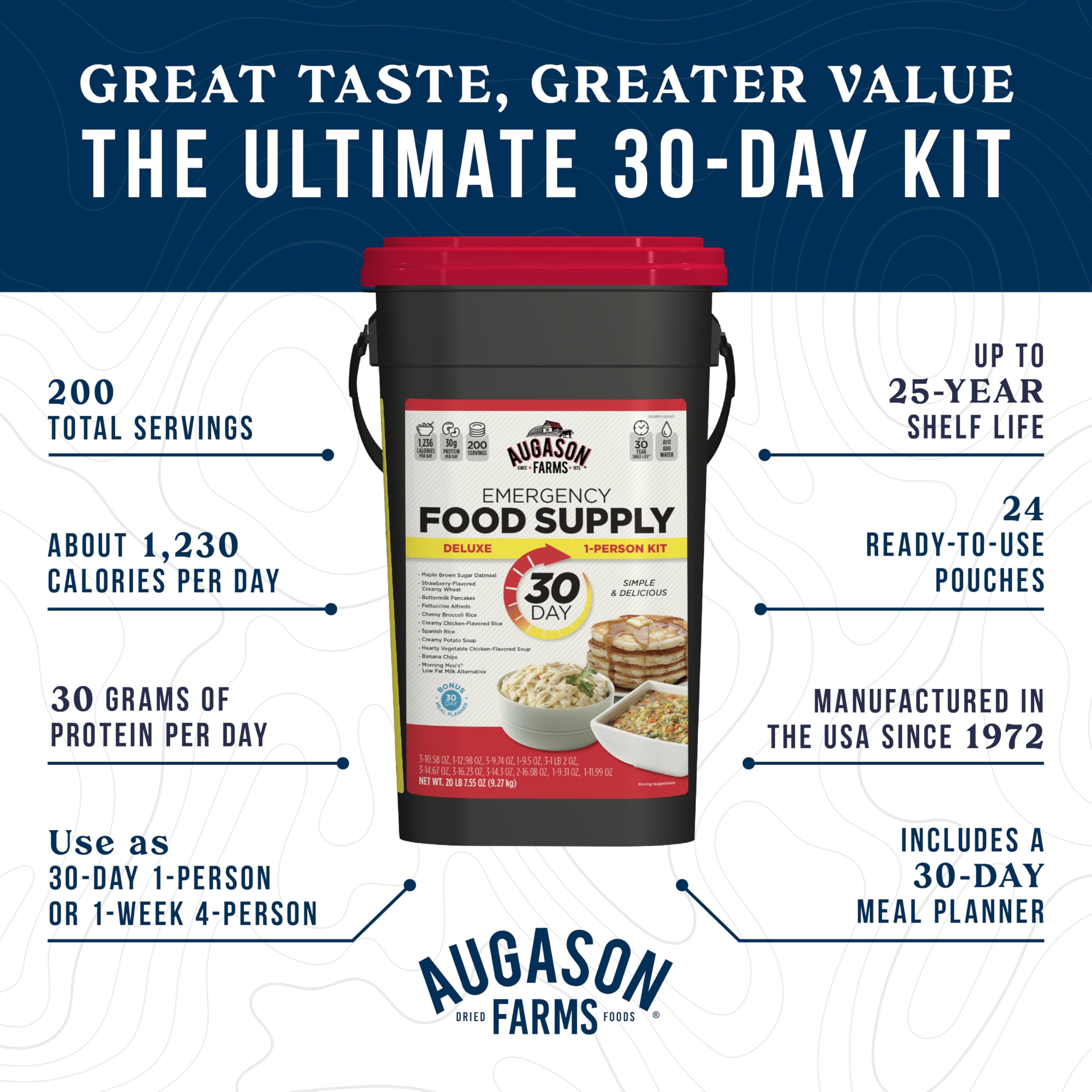 AUGASON FARMS Emergency Food Supply Bucket, 200 Servings, Dehydrated Meal Kit, Variety Pail, Long Shelf Life Just-Add-Water Meals for Prepping, Disaster Survival, Camping, Hiking, and More